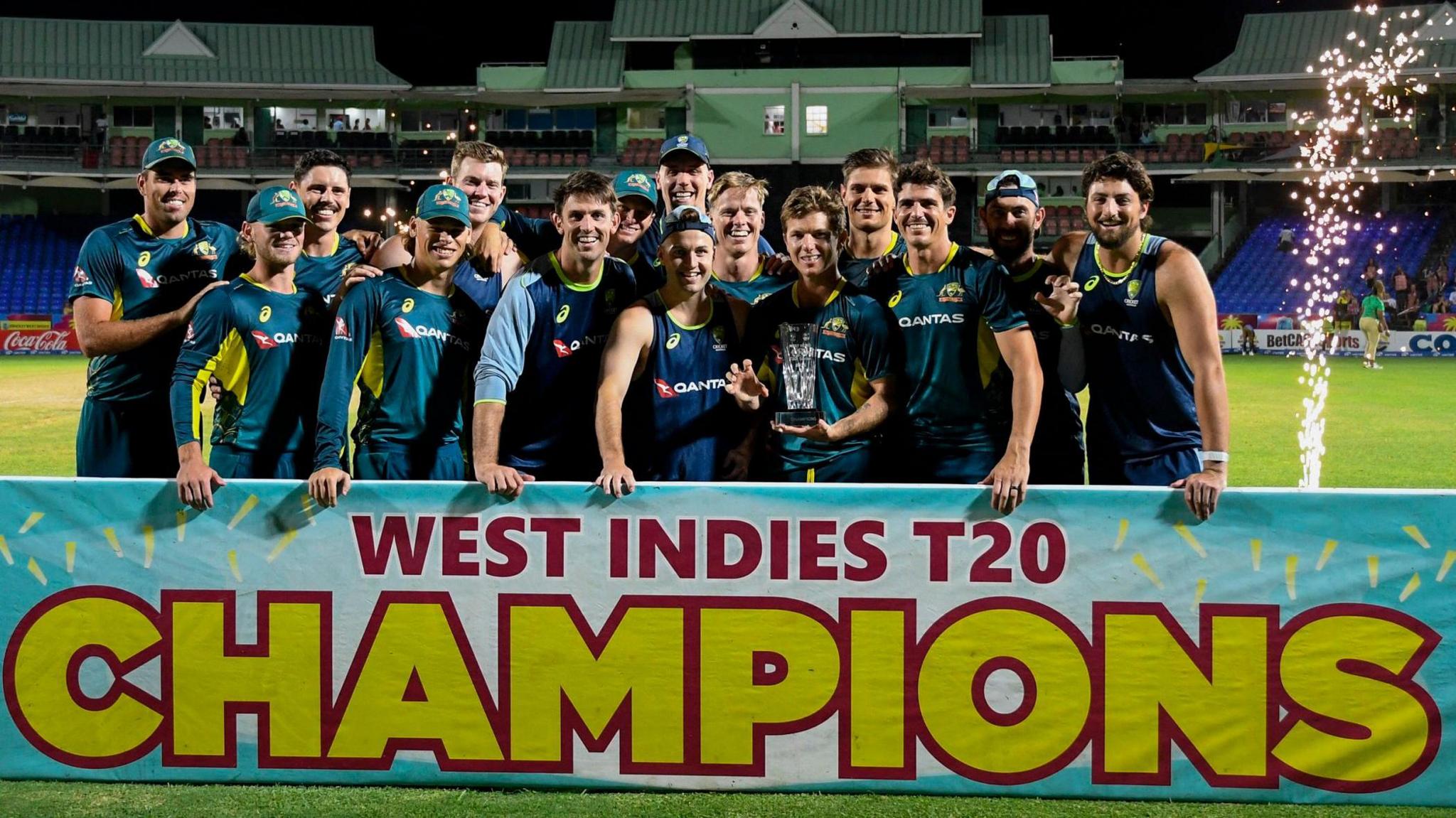 Australia celebrate their 5-0 win in their T20 series against West Indies