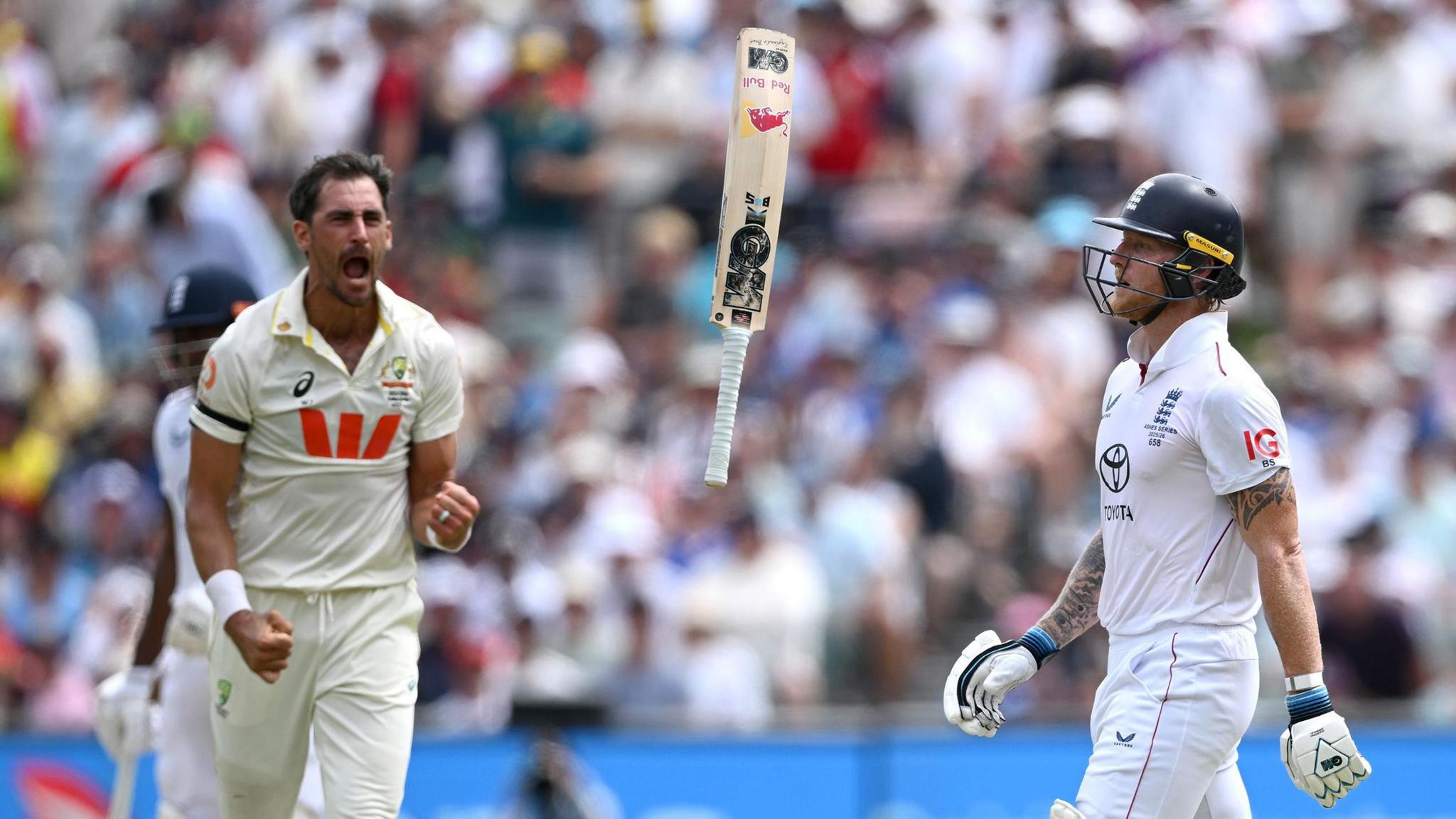 Australia bowler Mitchell Starc roars in delight after dismissing England captain Ben Stokes, who has thrown his bat into the air in Adelaide