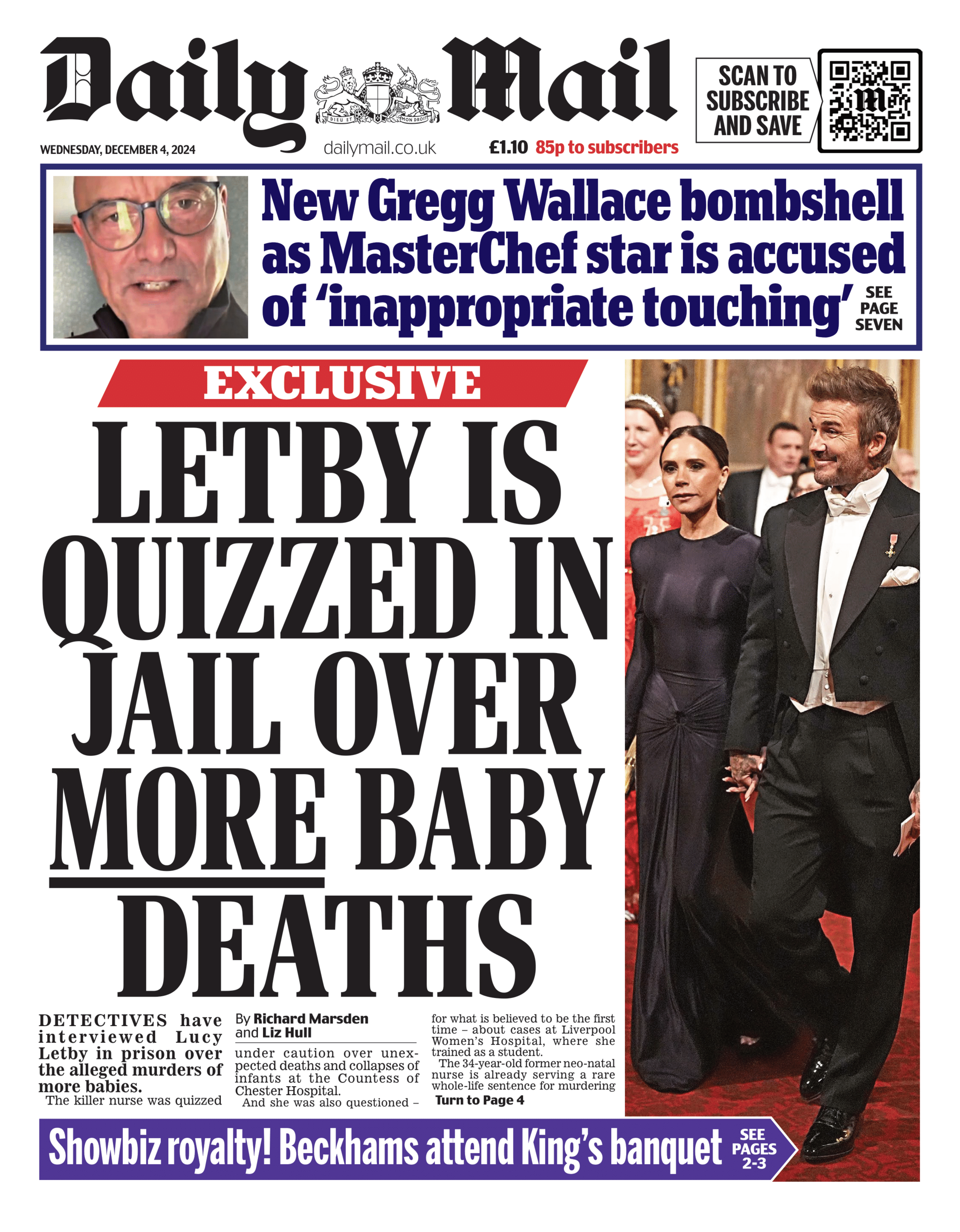 Daily Mail front page with headline "Letby is quizzed in jail over more baby deaths"