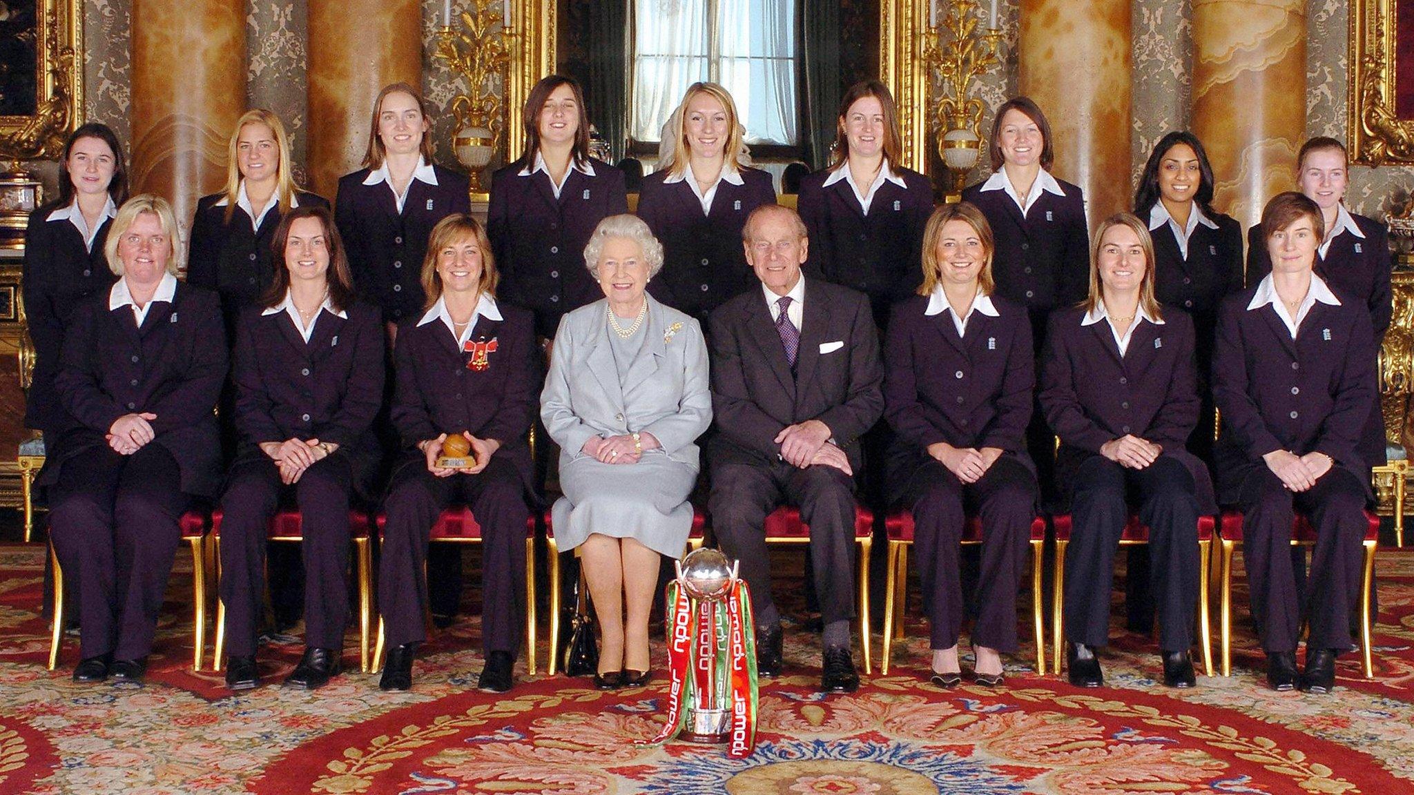 9 February 2006, Buckingham Palace: Sciver-Brunt (top row, second from the left) and her England 2005 Ashes-winning team-mates sit with Queen Elizabeth II and the Duke of Edinburgh. In just her third Test, Brunt helped England win the Ashes for the first time in 42 years, taking nine wickets and scoring 52 runs.