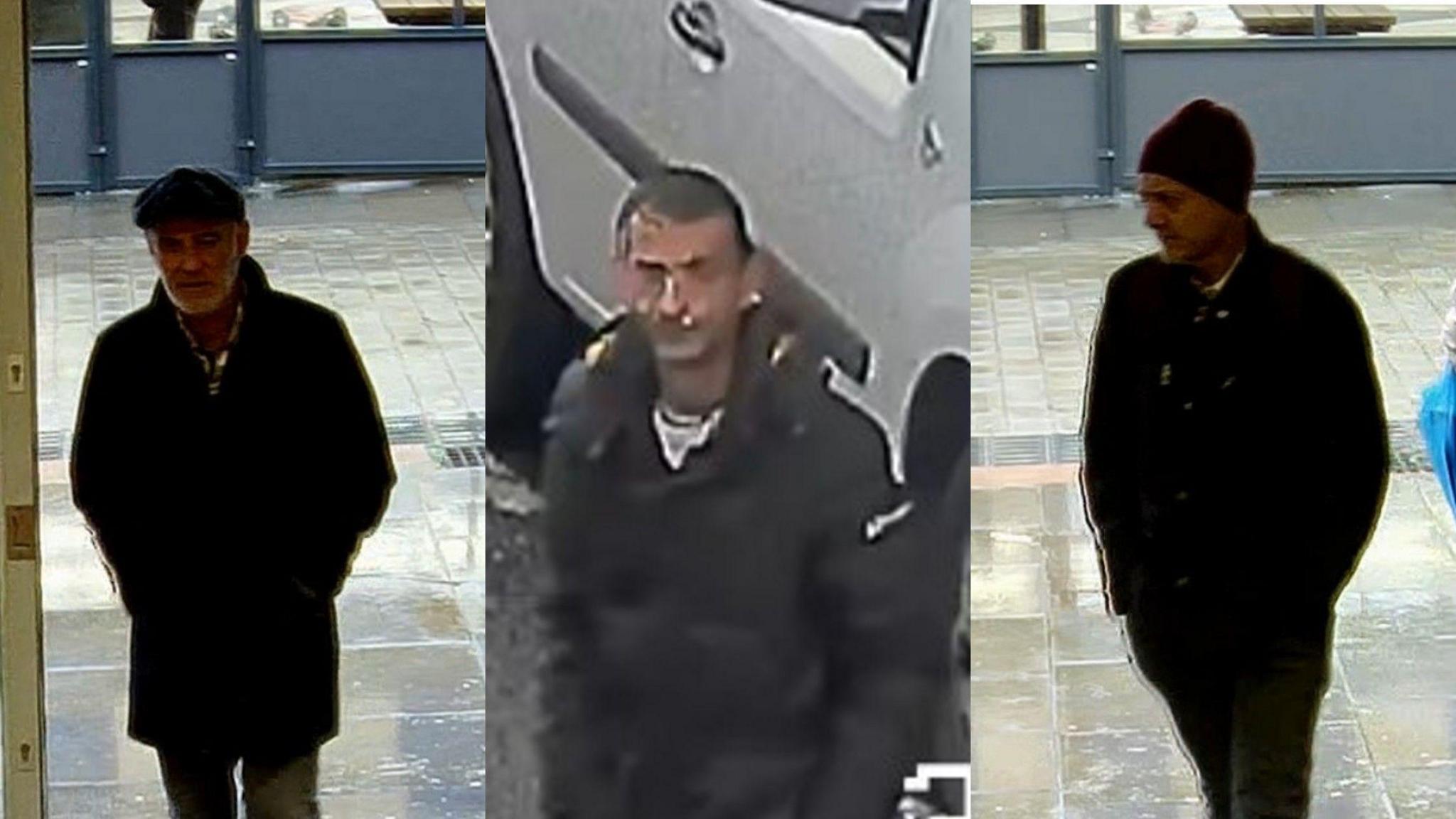 A screen grab from CCTV footage showing three men. Two men are wearing waist length jackets and a hat. Another man has short shaven hair and is wearing a puffer hooded jacket.