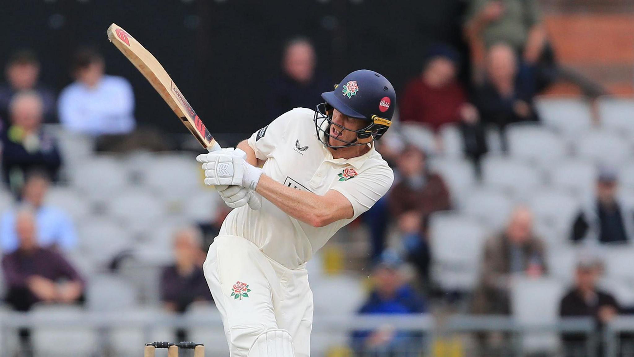 Left-hander Luke Wells plays a shot off his hips in Lancashire's innings against Middlesex