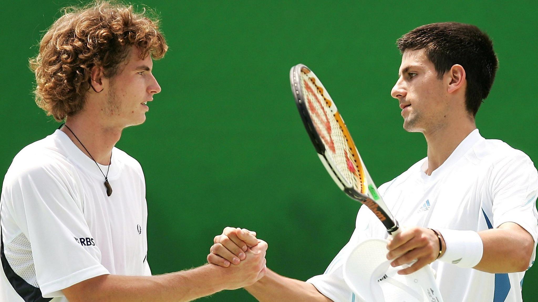 Andy Murray and Novak Djokovic compete in doubles at the 2006 Australian Open