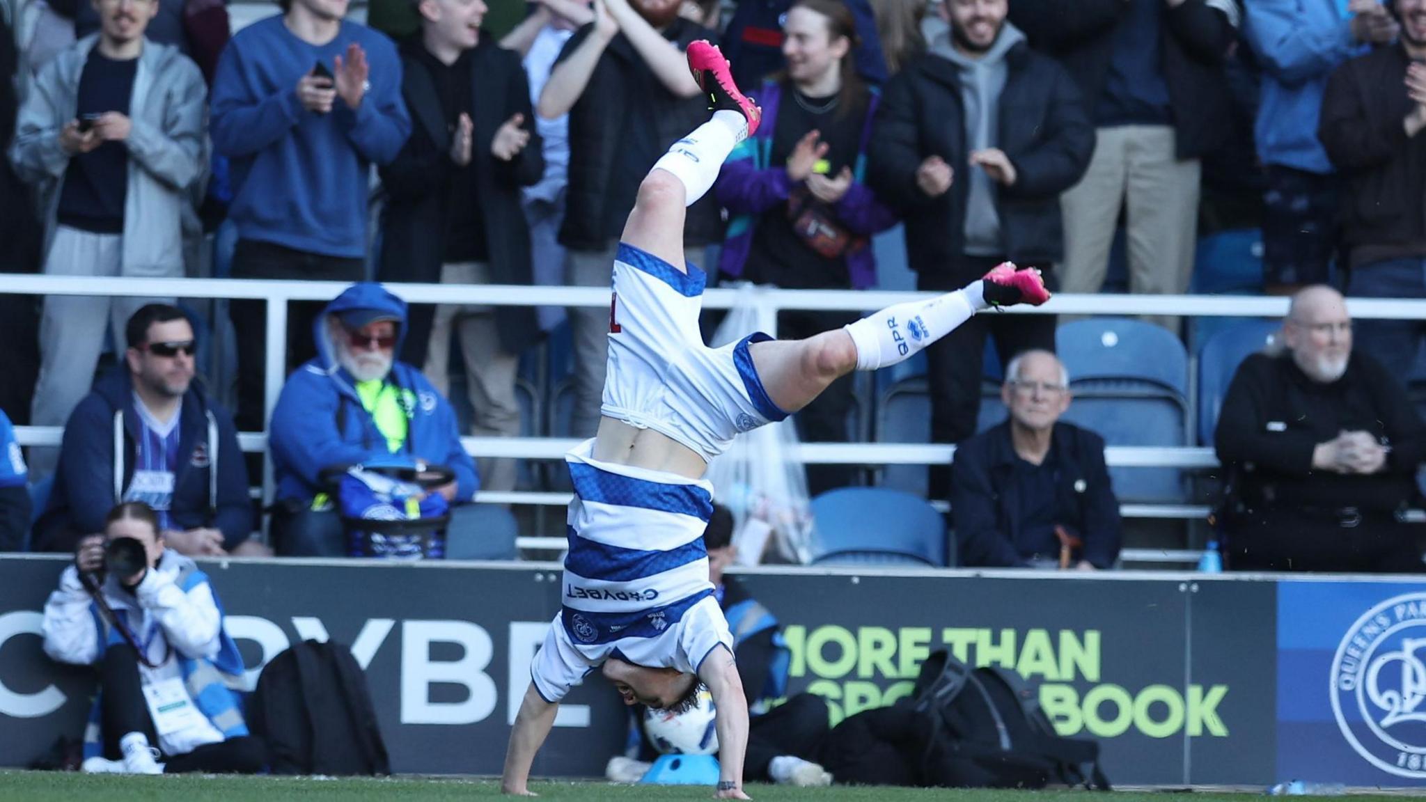 Paul Smyth doing a cartwheel after scoring one of his goals against Portsmouth