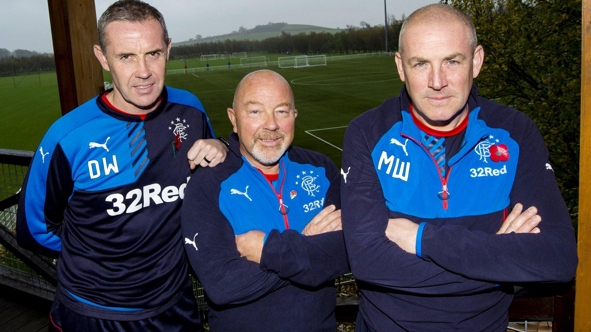 Rangers assistant manager David Weir, head of recruitment Frank McParland and manager Mark Warburton