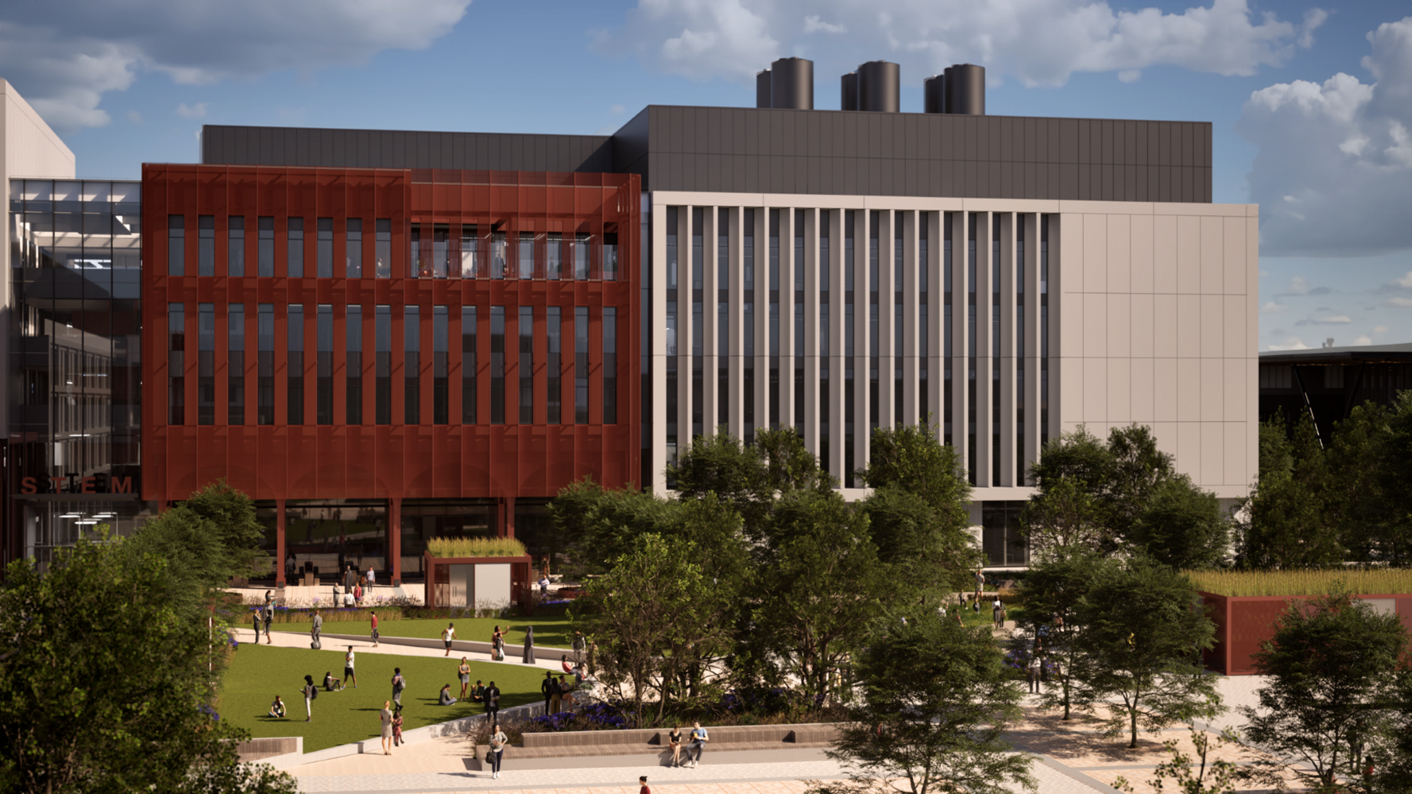 A CGI image of the building. The left hand side has dark red cladding with the right using white. A square is in the forefront of the picture with lots of greenery