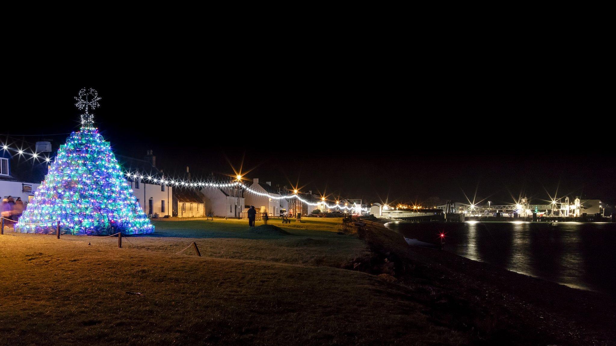 Ullapool's lit up creel Christmas tree