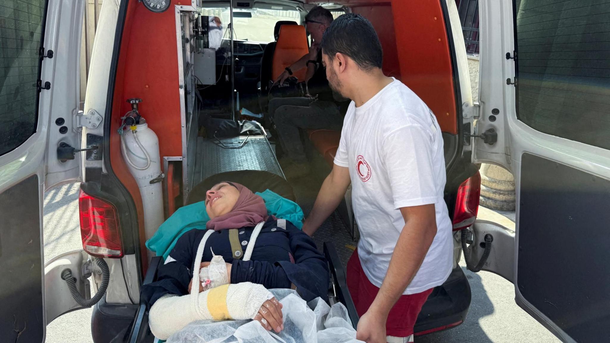 Reuters photographer Raneen Sawafta arrives at a hospital following an Israeli settlers attack near Nablus in the occupied West Bank (8 November 2025)