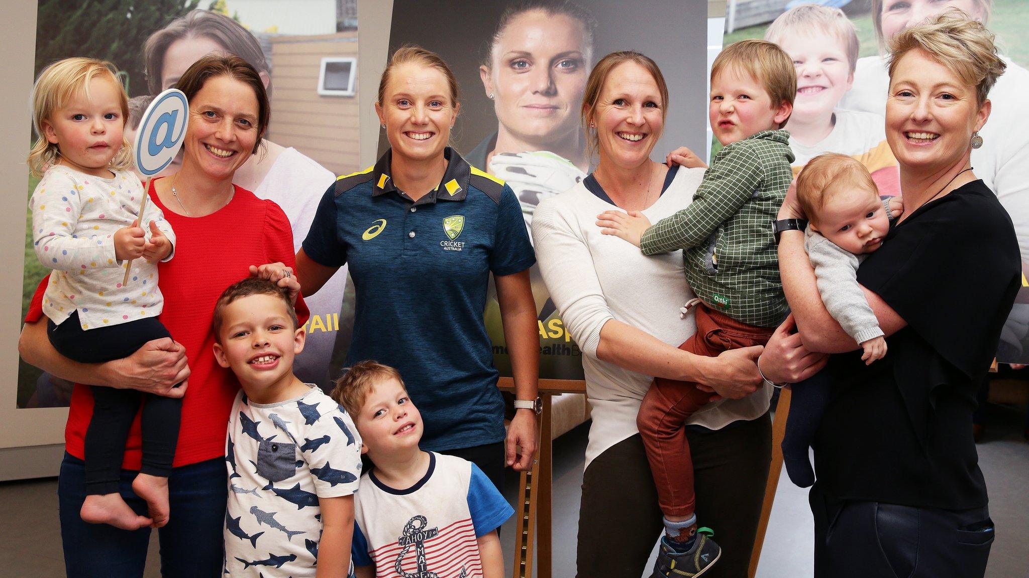 Former cricketer Sarah Elliott, Australia cricketer Alyssa Healy, former cricketer Emily Divin and ACA general manager - member programs Clea Smith pose during the CA/ACA Player Parental Leave Launch