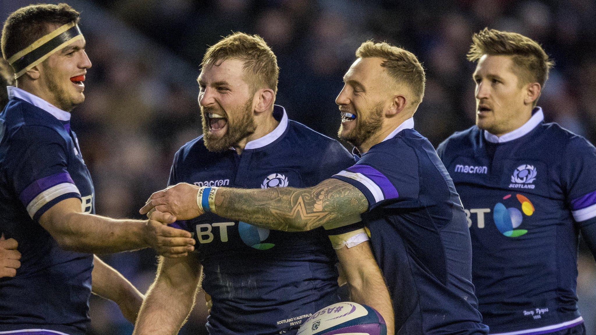 Scotland players celebrate a try