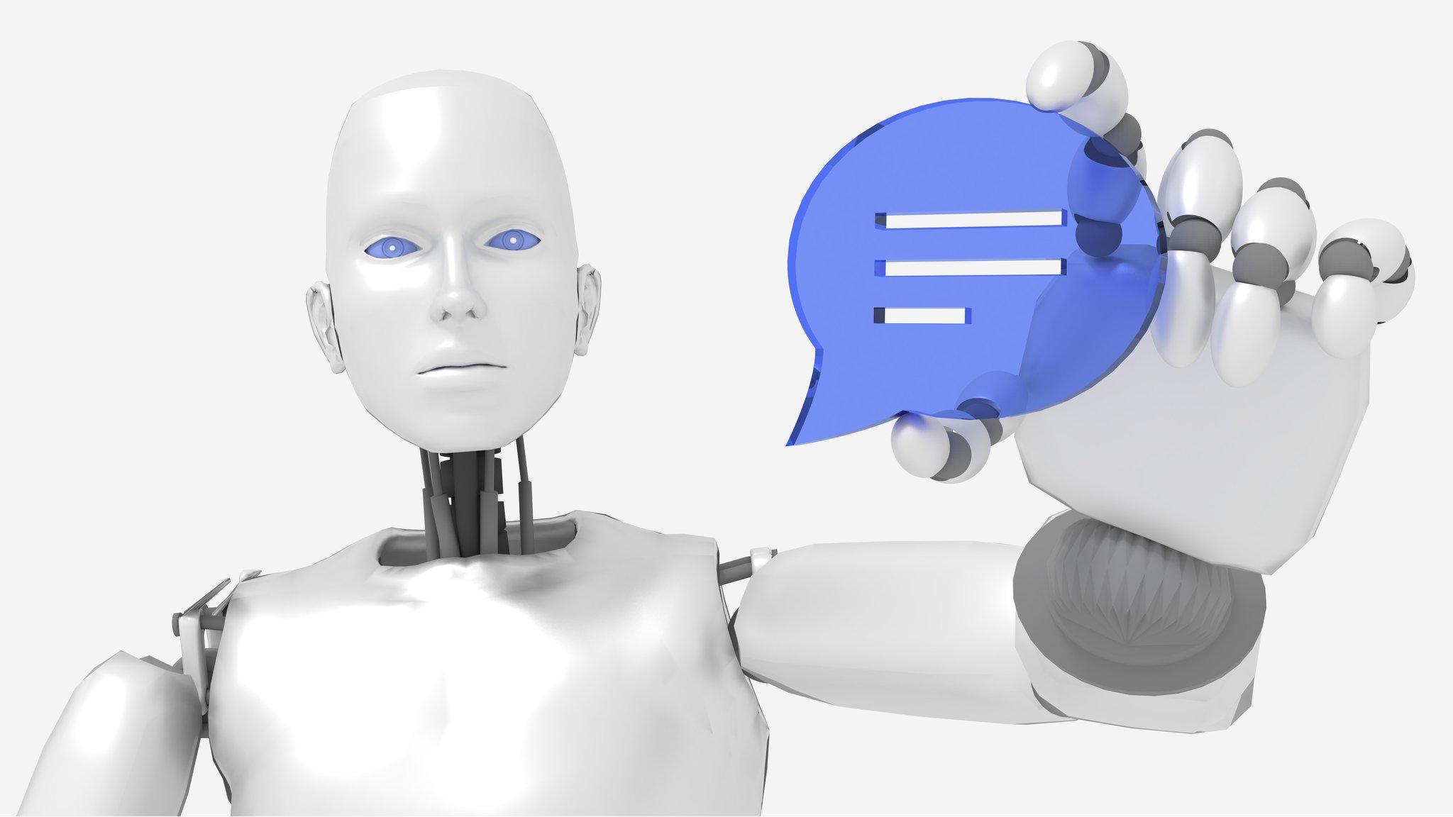 Female robot holding a speech bubble symbol