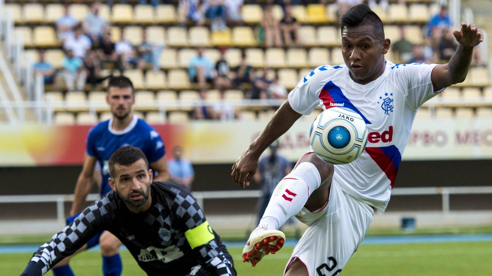 Alfredo Morelos in possession for Rangers against Shkupi