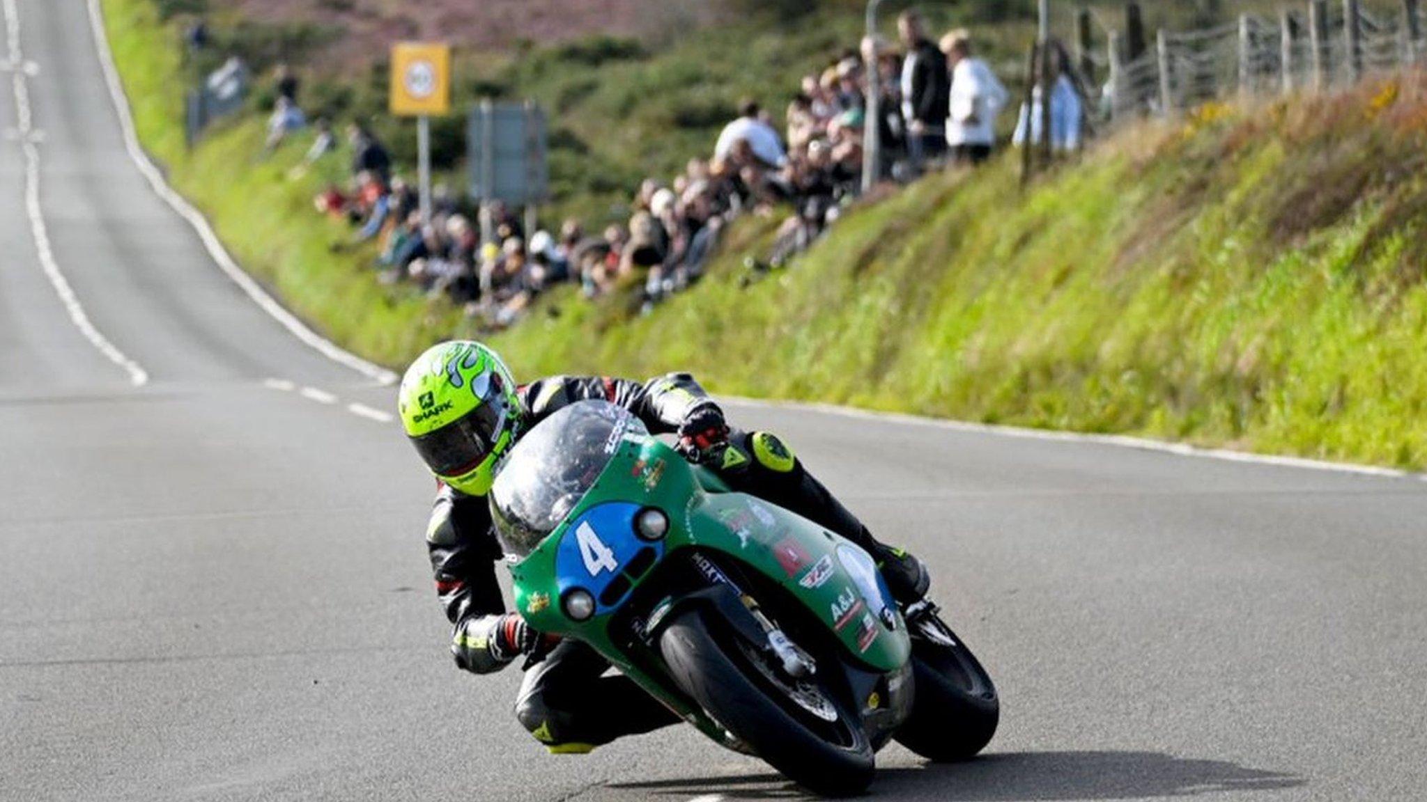 Victor Lopez racing through a corner during the Junior Manx GP