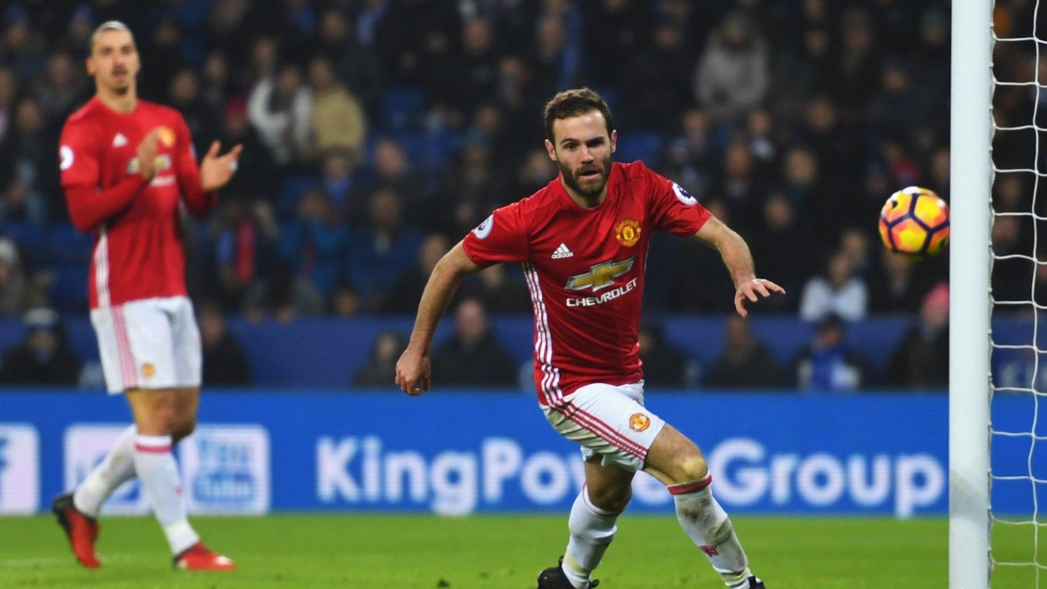 Juan Mata of Manchester United celebrates as he scores their third goal during the Premier League match between Leicester City and Manchester United at The King Power Stadium on 5 February