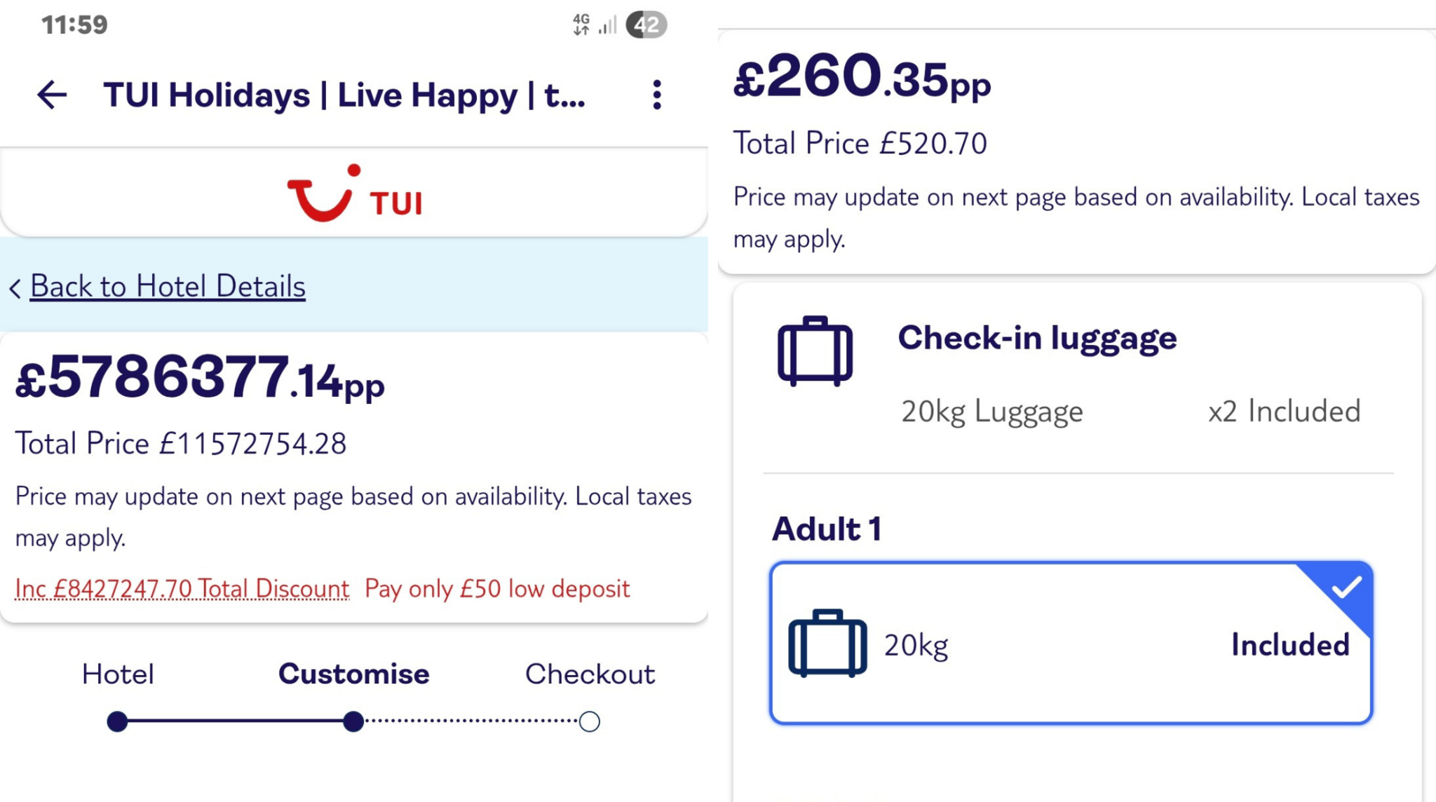 App images with graphics showing holiday prices with TUI.