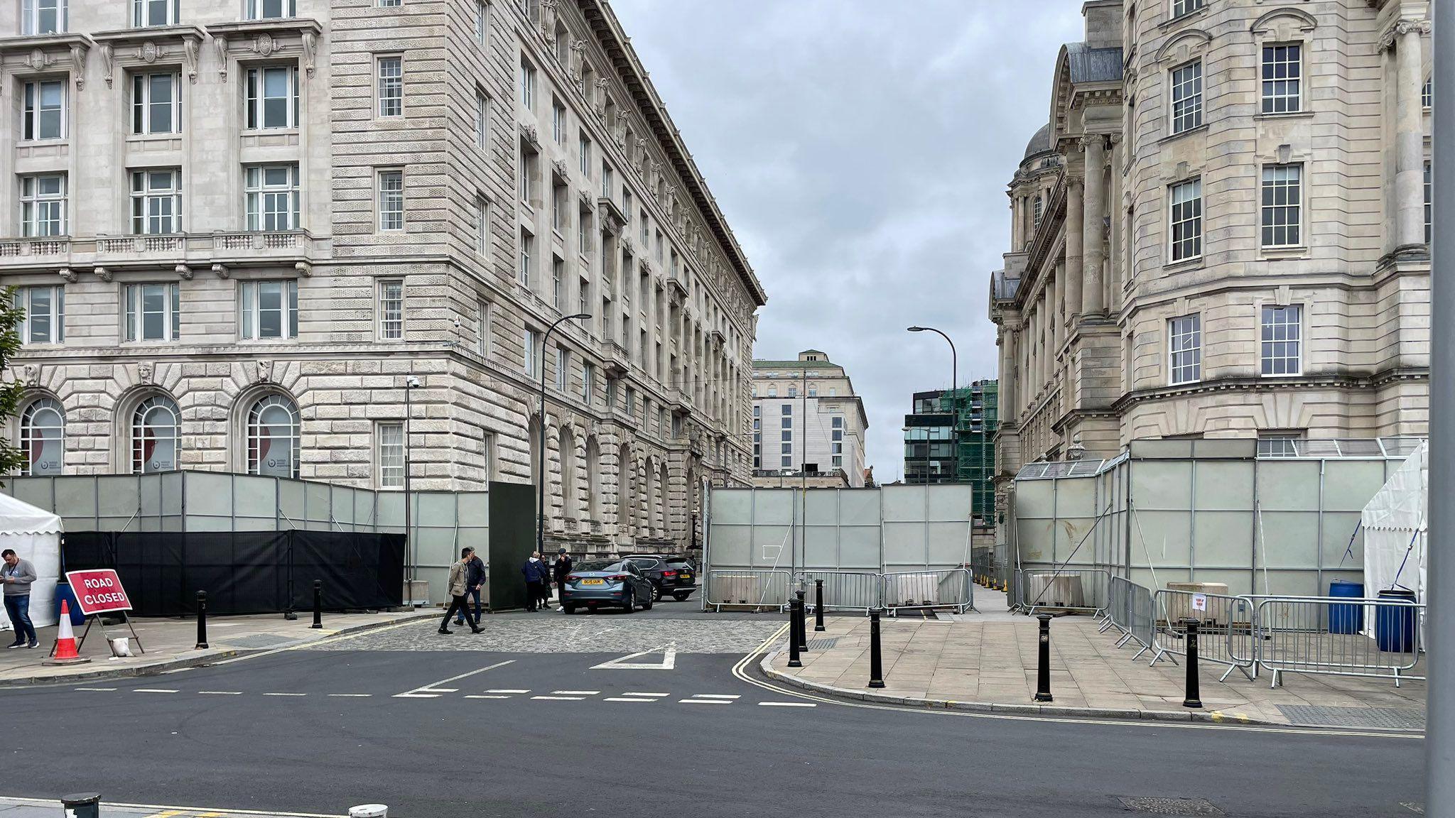 Road closed using fencing at Liverpool's Pier Head