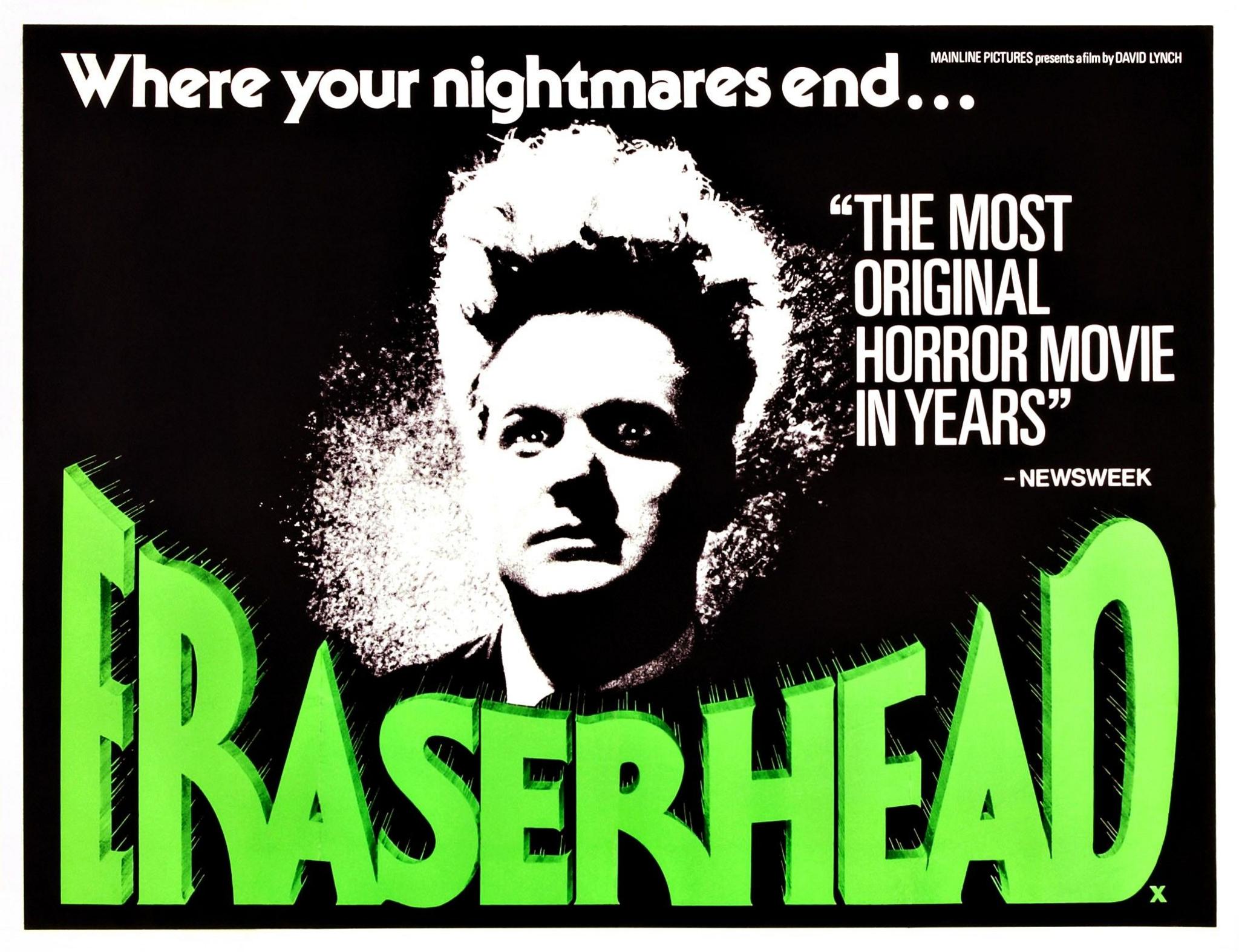 The original poster for Eraserhead, starring Jack Nance looking wild-eyed, from 1976