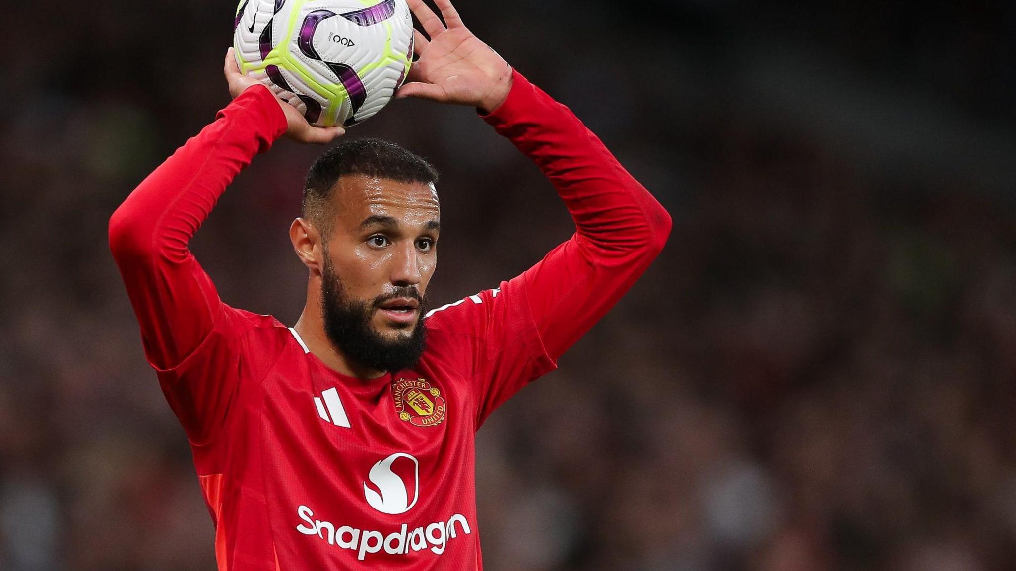 Noussair Mazraoui gets ready to throw football for Manchester United against Fulham.