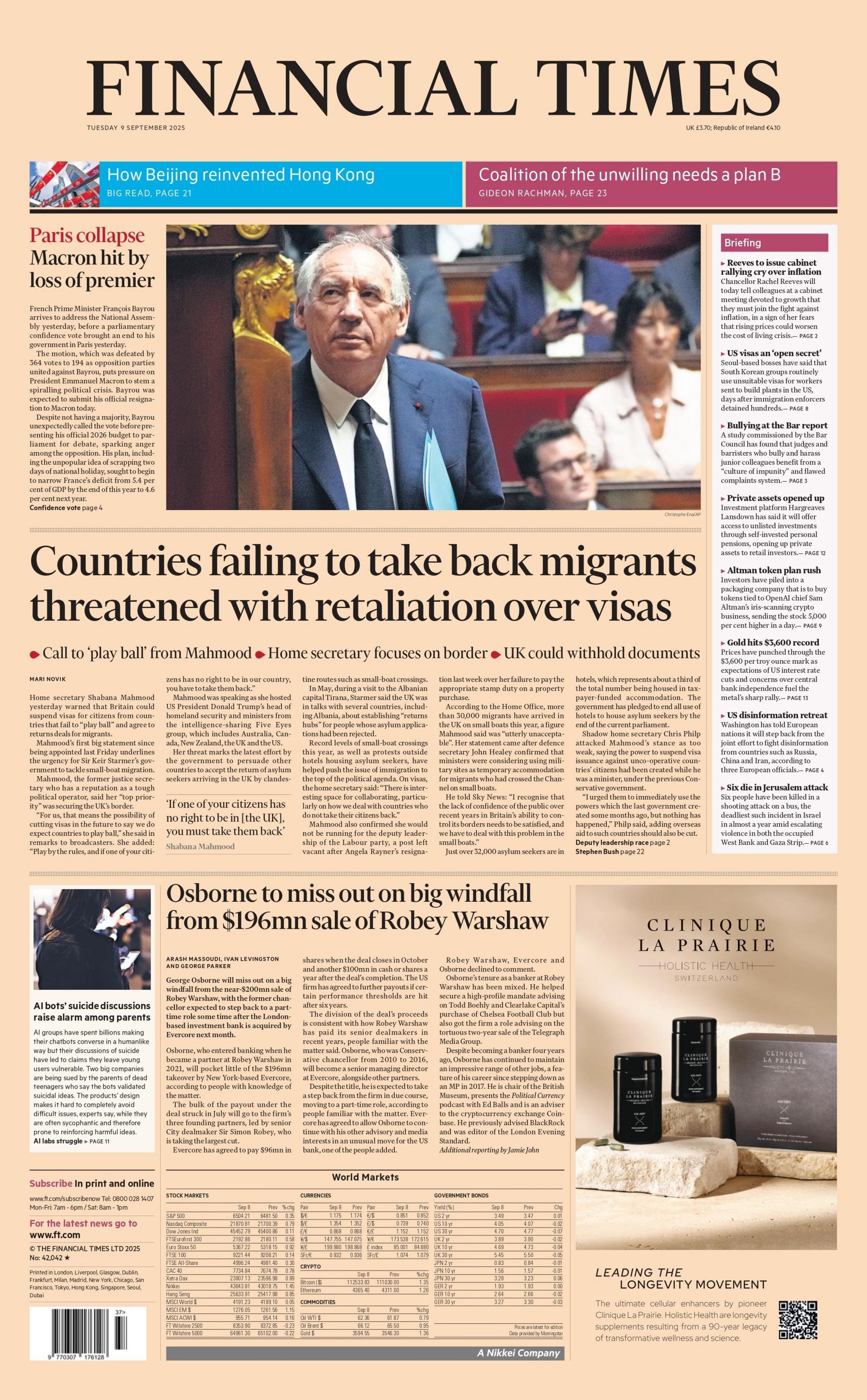 The headline on the front page of the Financial Times reads: "Countries failing to take back migrants threatened with retaliation over visas".