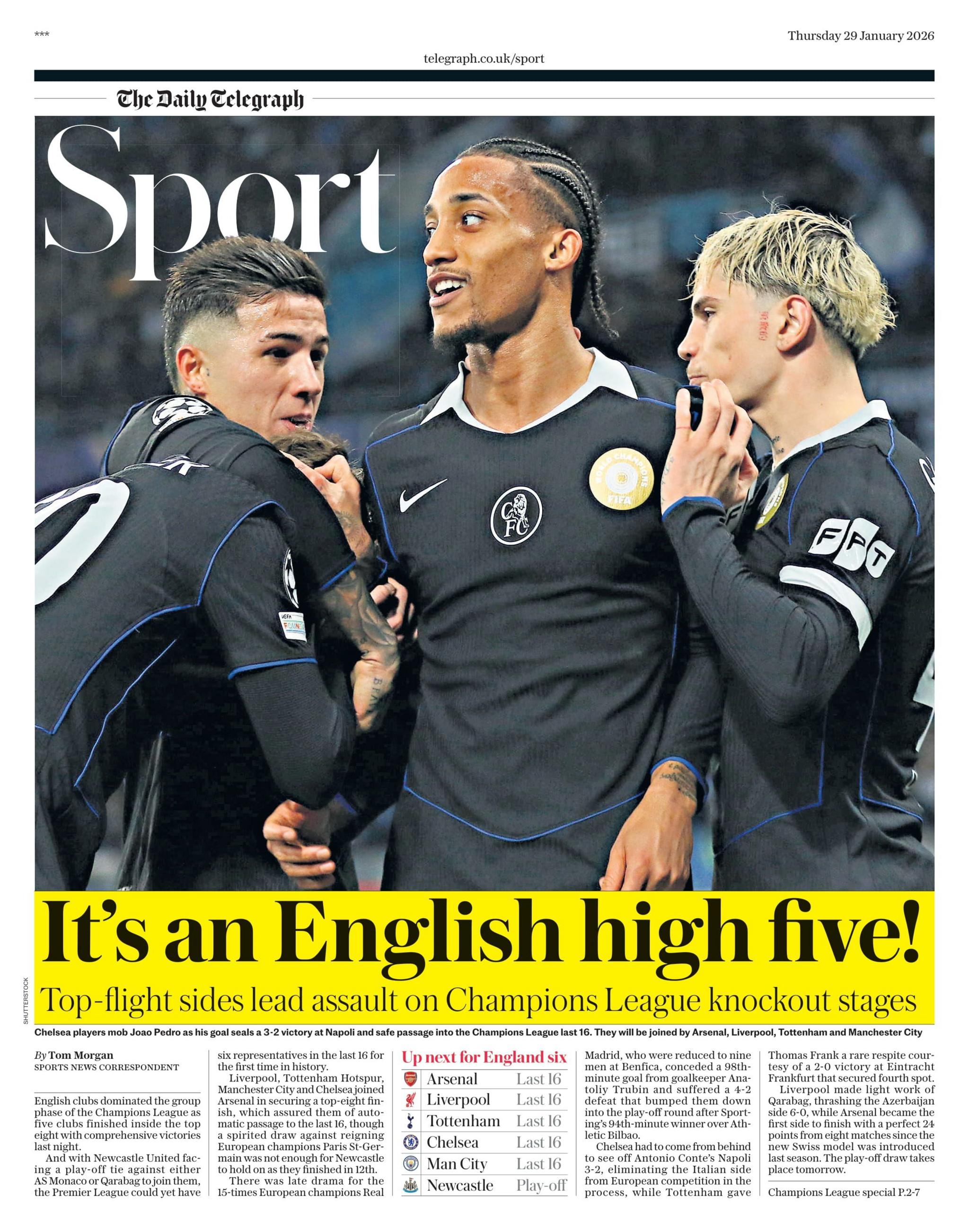 Backpage of the Telegraph with the headline "It's an English high five!! and pictures of Chelsea players celebrating.