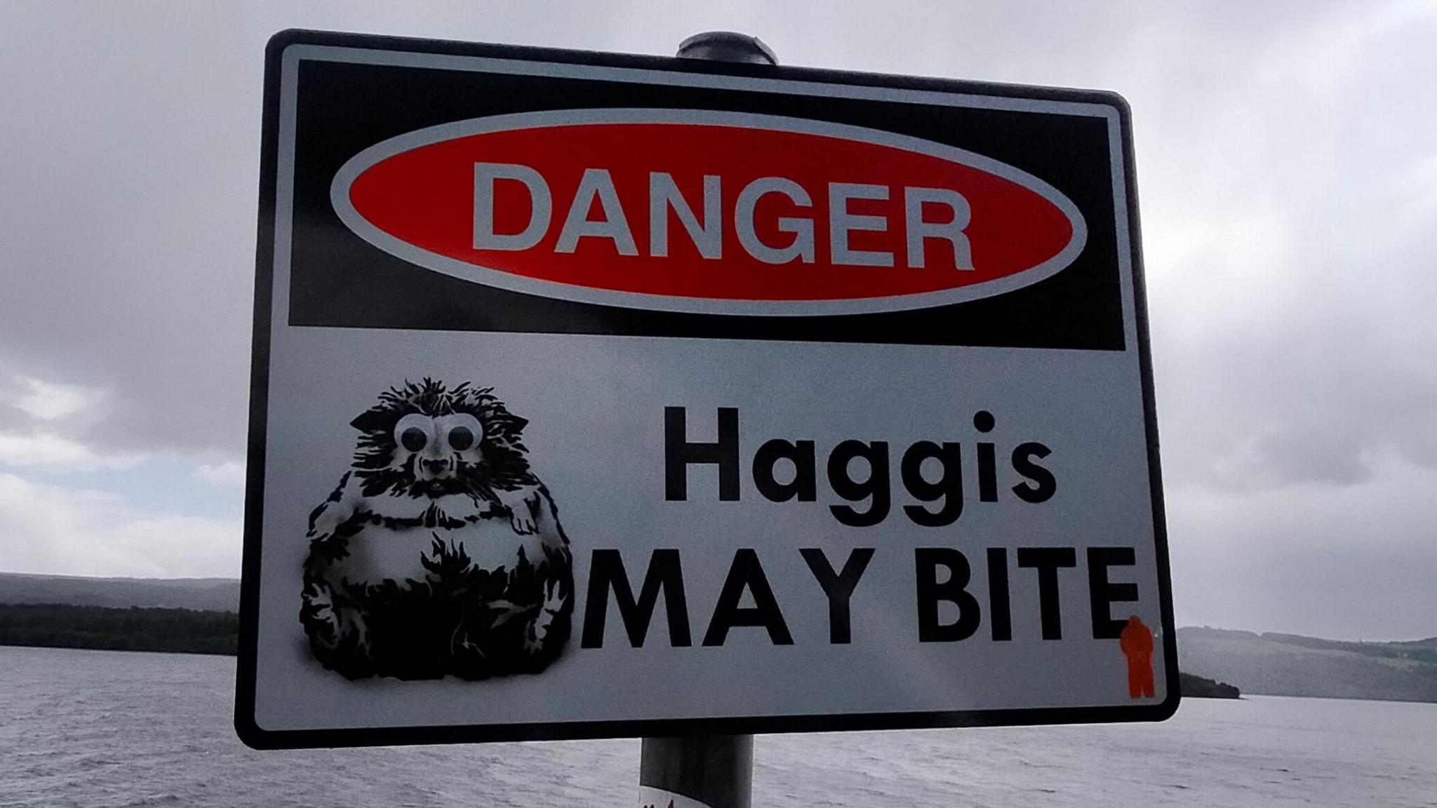 A sign warning Loch Ness visitors of the dangerous and ellusive Haggis