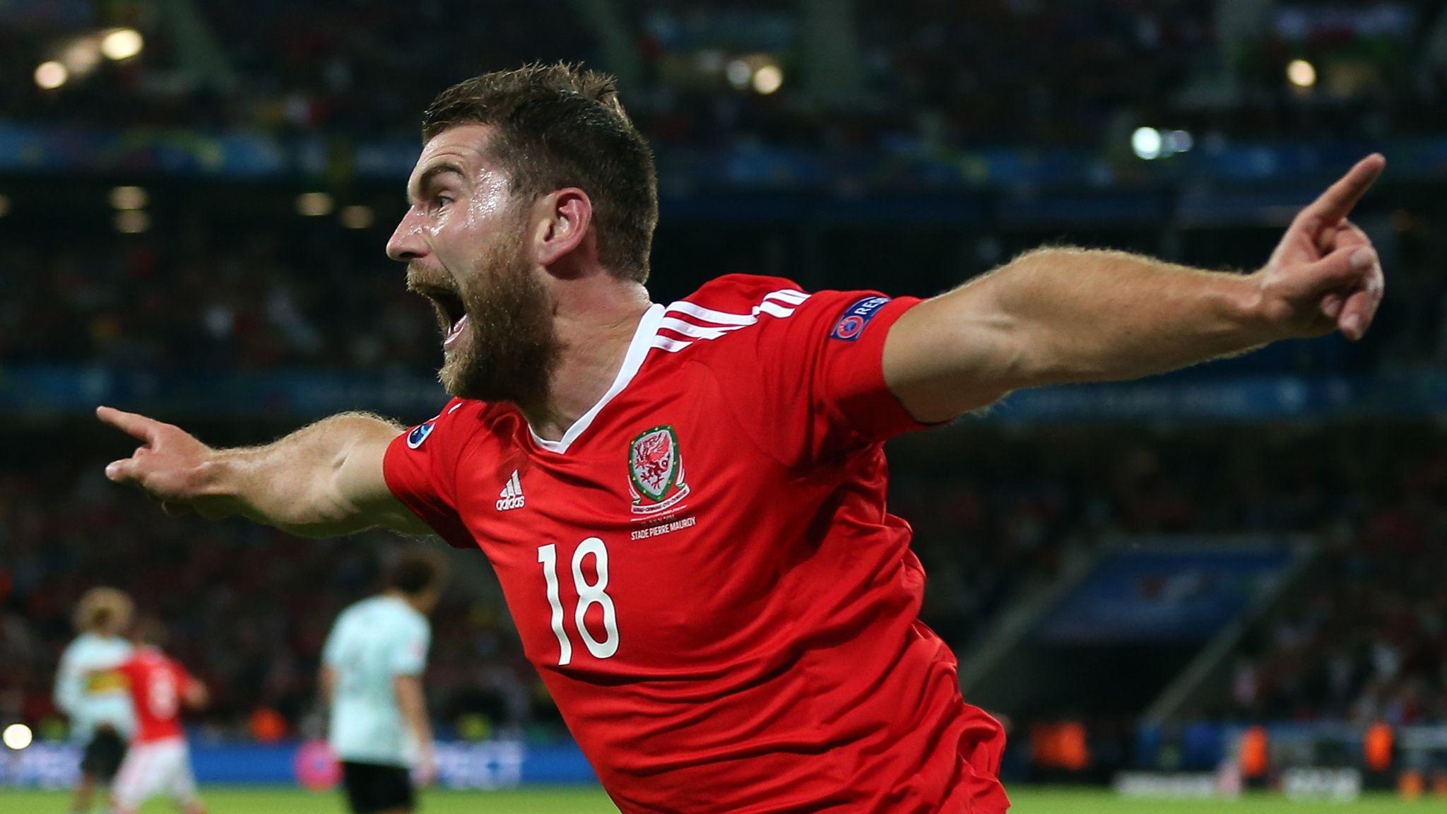 Sam Vokes celebrates scoring for Wales against Belgium at Euro 2016