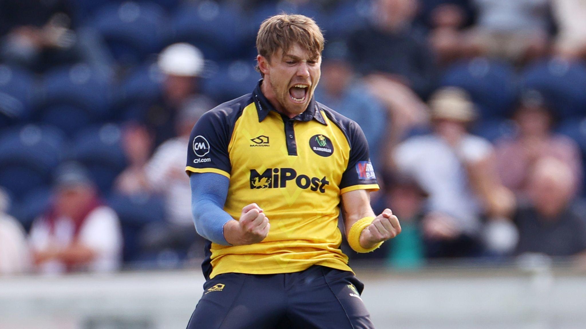 Glamorgan's Dan Douthwaite celebrates a wicket