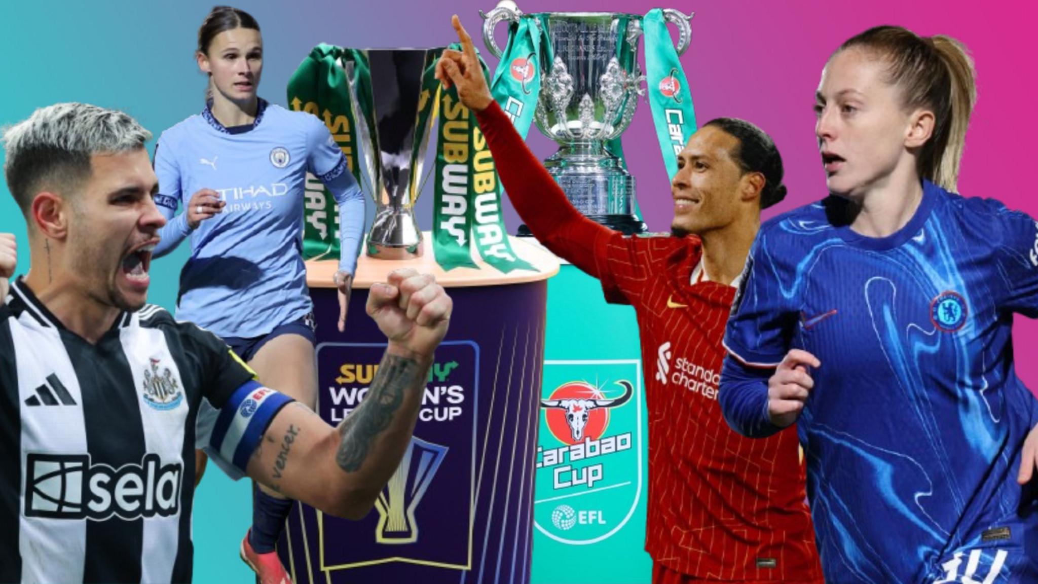 A composite image featuring four footballers and two trophies. 