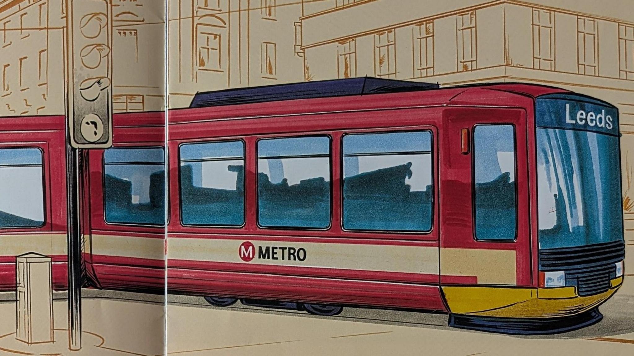 Magazine drawing of one of the proposed MetroLine trains from 1988 - a red and yellow tram with its destination marked as Leeds.