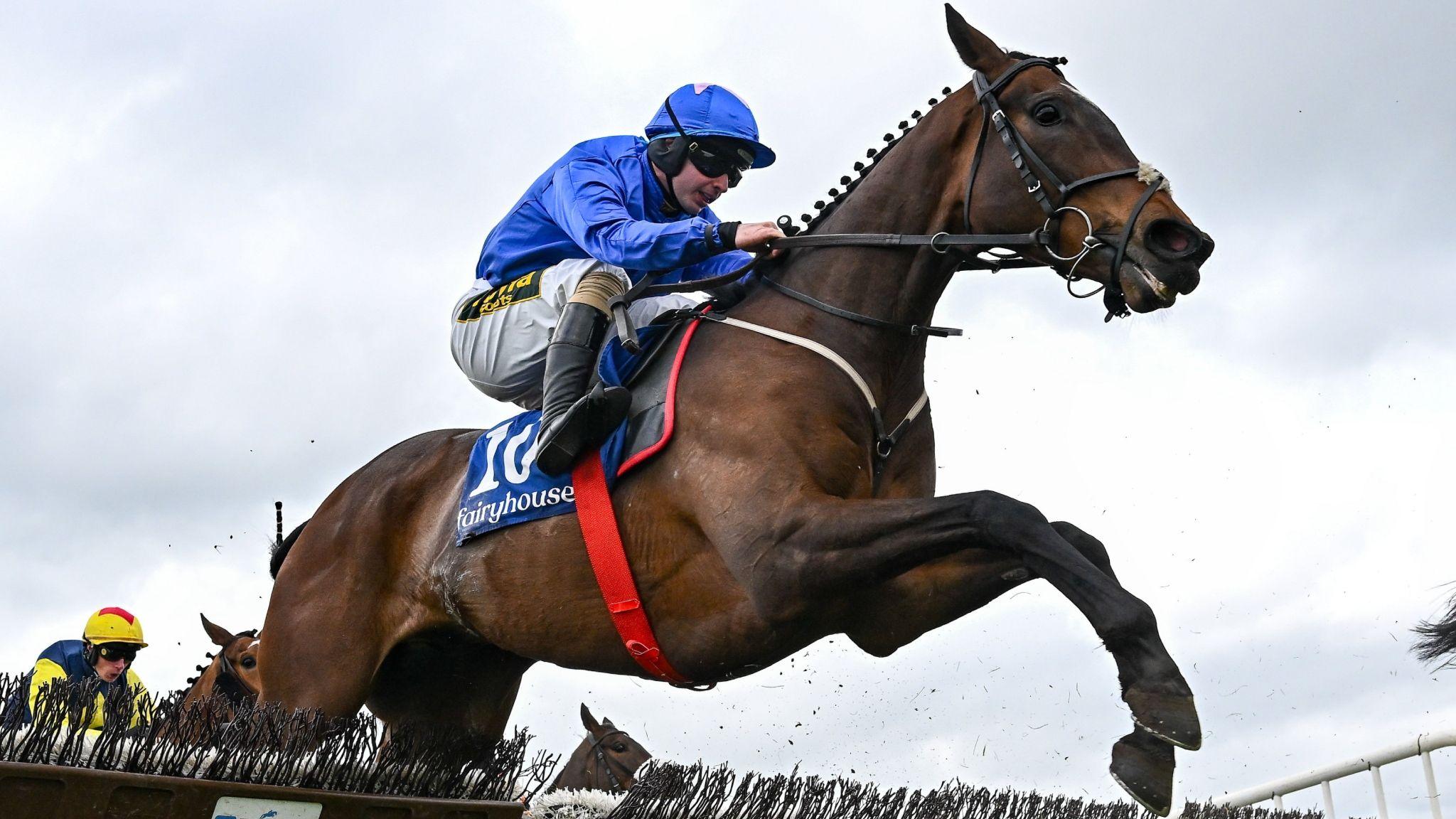 Sean Bowen in blue silks jumps a fence on his mount Court Canyon
