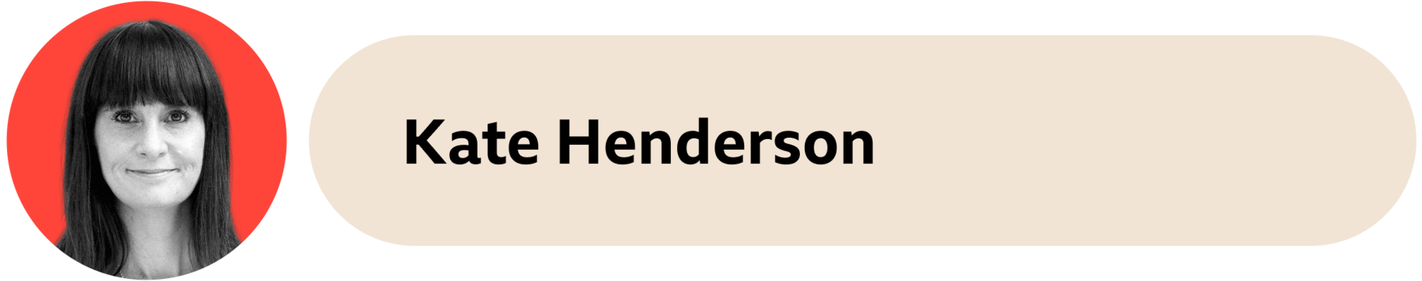 A beige box with the words Kate Henderson written on it. Kate's face is in an orange circle on the left side. 
