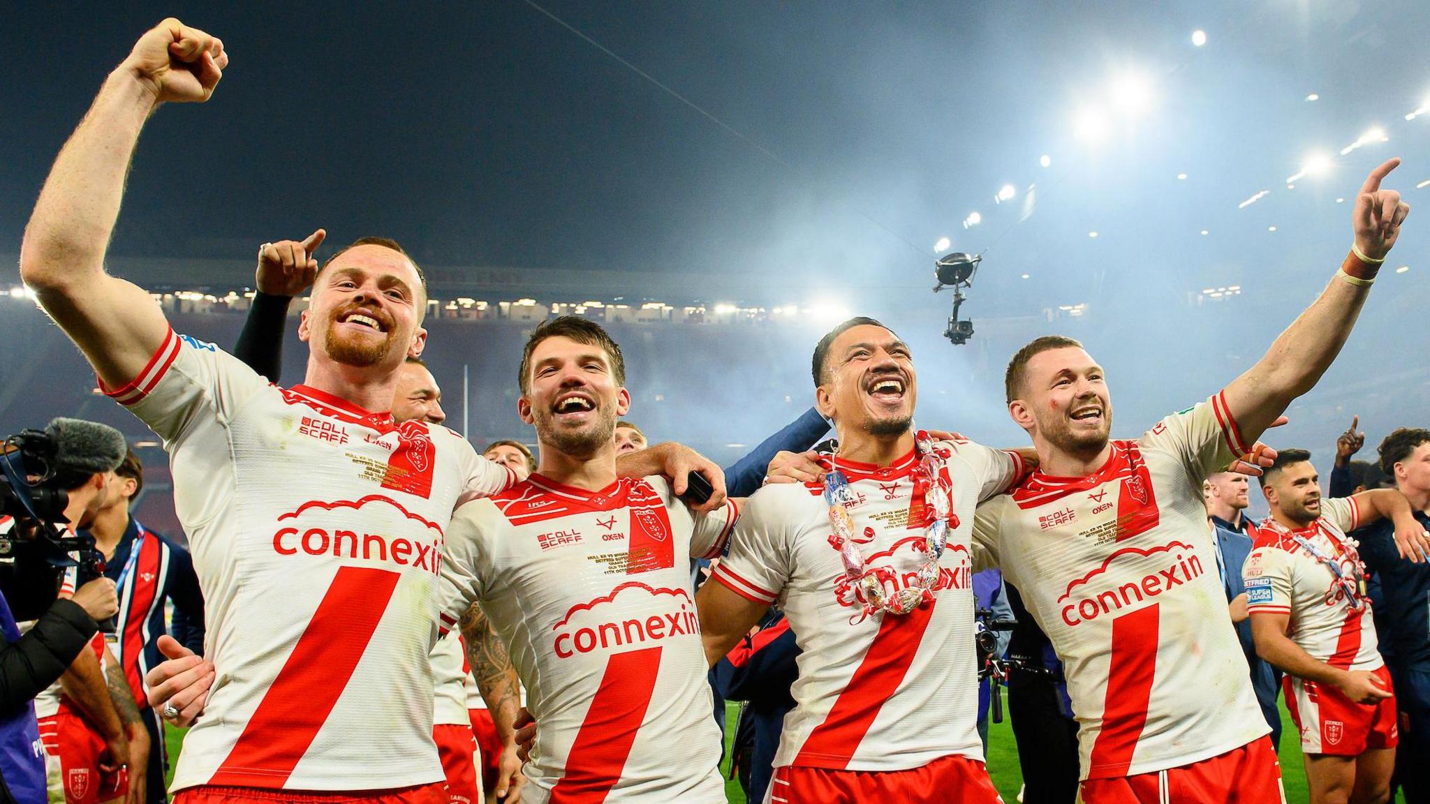 Hull KR's Joe Burgess, Oliver Gildart, Jesse Sue & James Batchelor celebrate victory over Wigan.