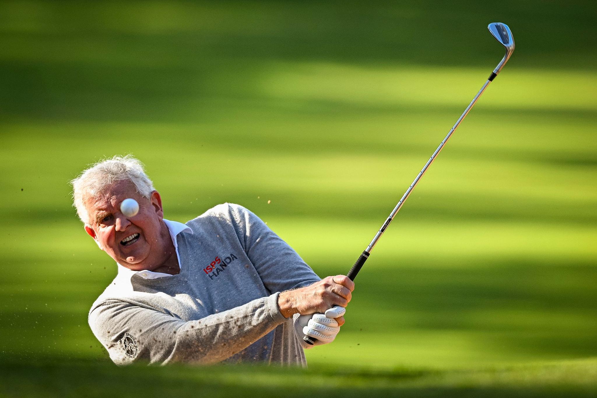 Colin Montgomerie plays his third shot on the 18th hole during the first round of the Trophy Hassan II 2025 at Royal Golf Dar Es Salam in Rabat, Morocco