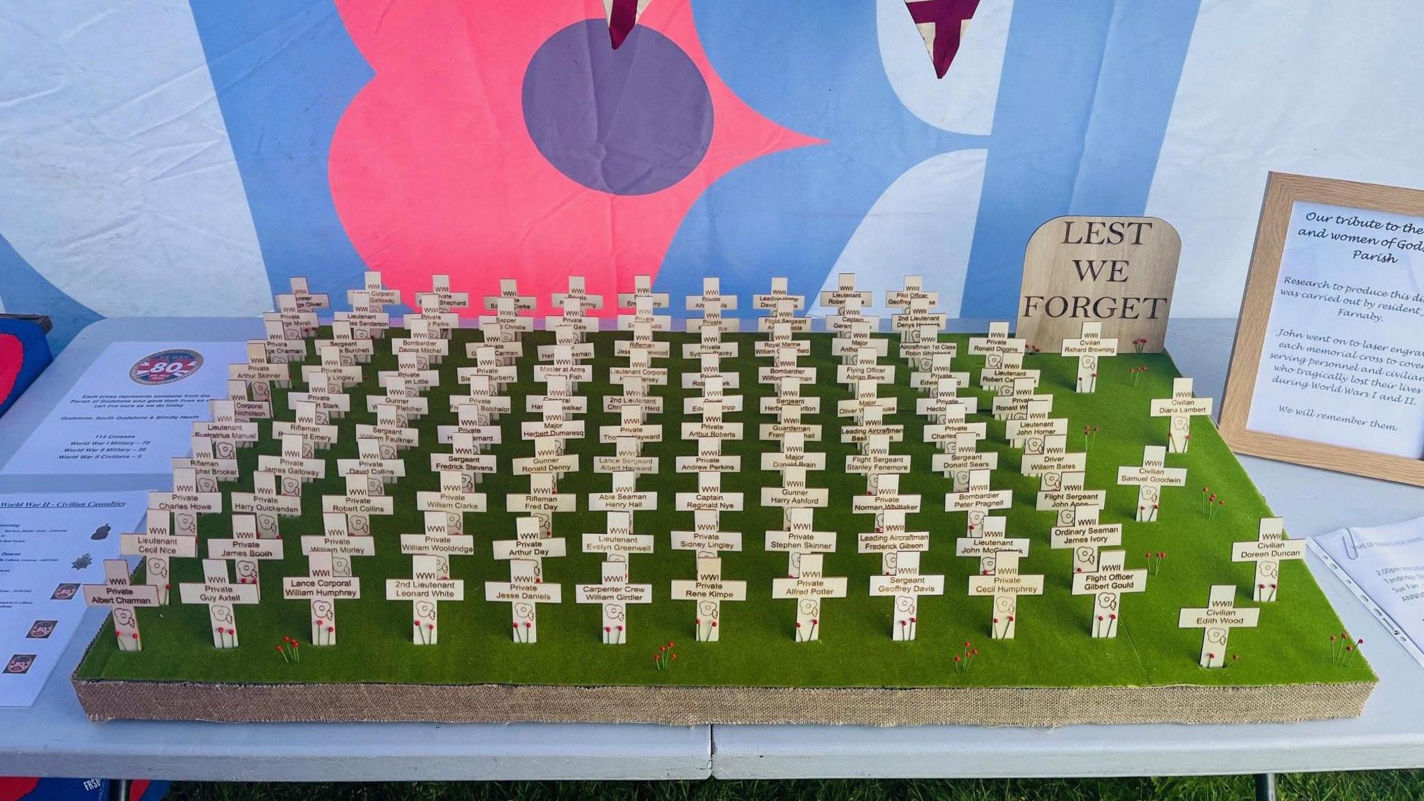 The display of 113 crosses that was created to represent those who died in Godstone village during World War One and World War Two