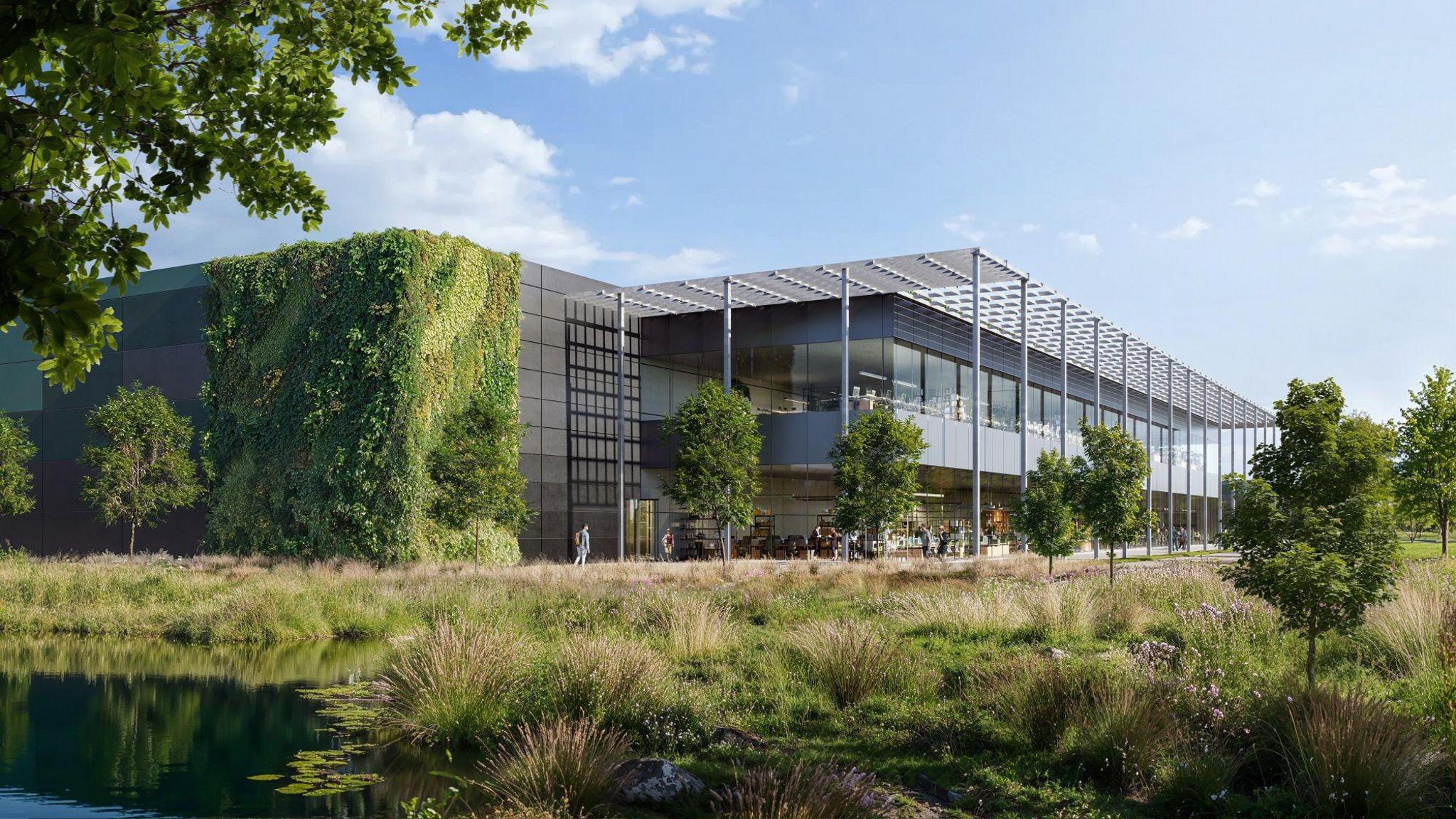 An artist's impression of what the building could look like from the ground, covered in foliage on the corner and surrounded by newly planted trees. 