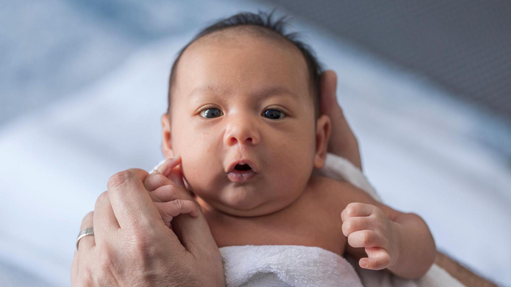 A baby looking at the camera - it is being held over a white background.