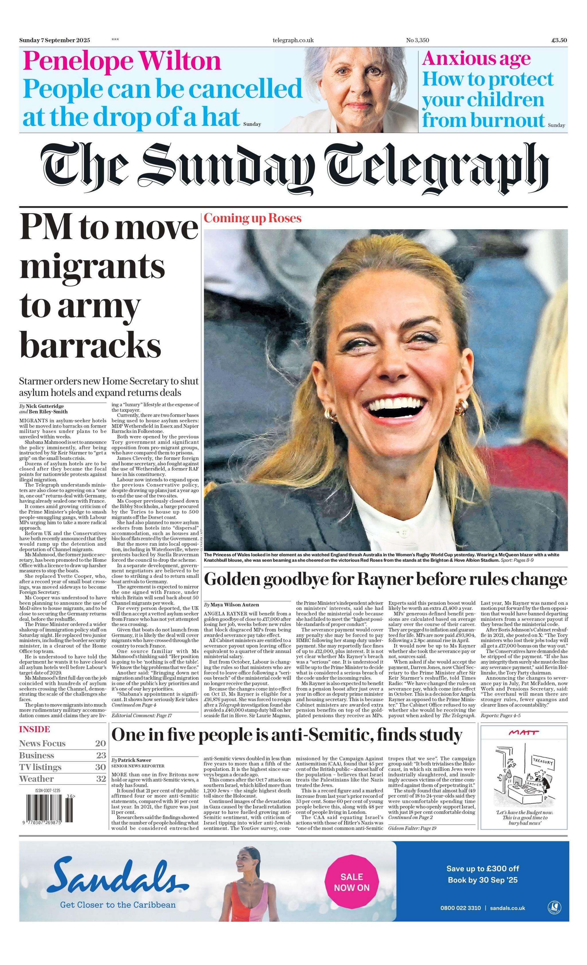 The headline on the front page of the Sunday Telegraph reads: "PM to move migrants to army barracks".