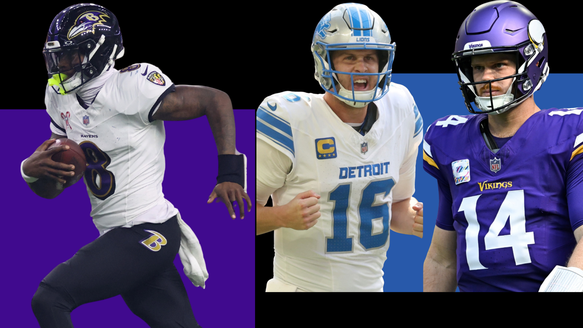 Lamar Jackson running and Jared Goff facing Sam Darnold in NFL final weekend preview graphic