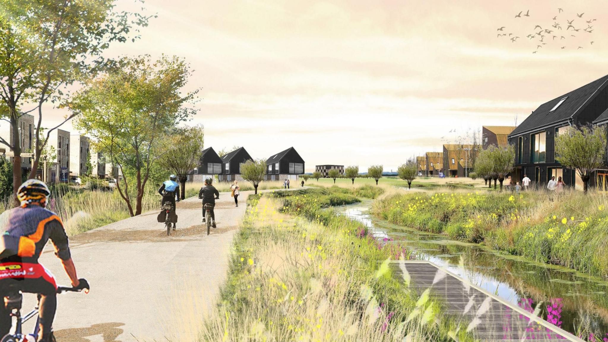 Illustrative image of what part of the new town will look like. It shows cyclists on a light stone path next to wildflowers, water and homes.