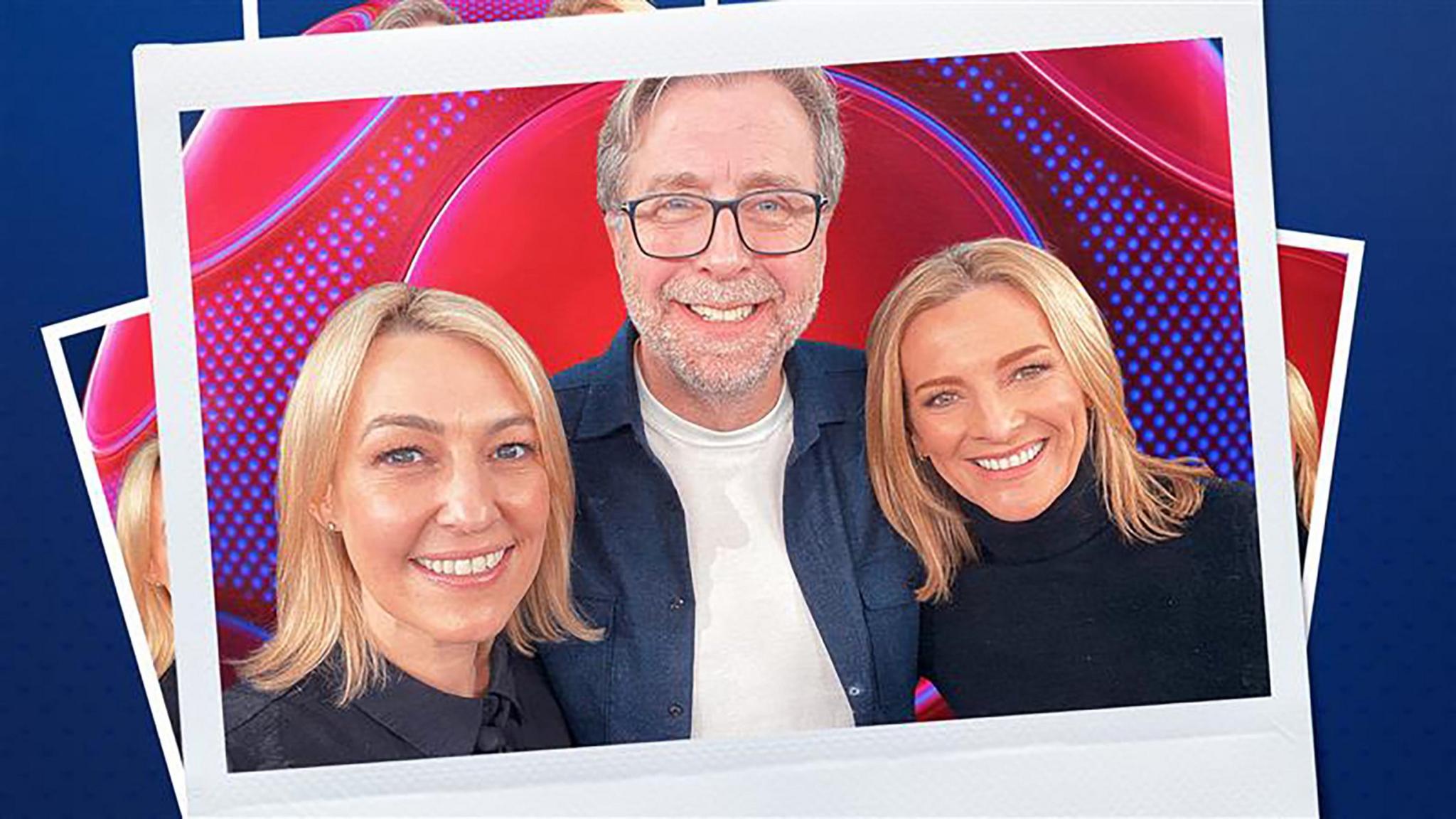 New Match of the Day presenters Kelly Cates, Mark Chapman and Gabby Logan smile at the camera