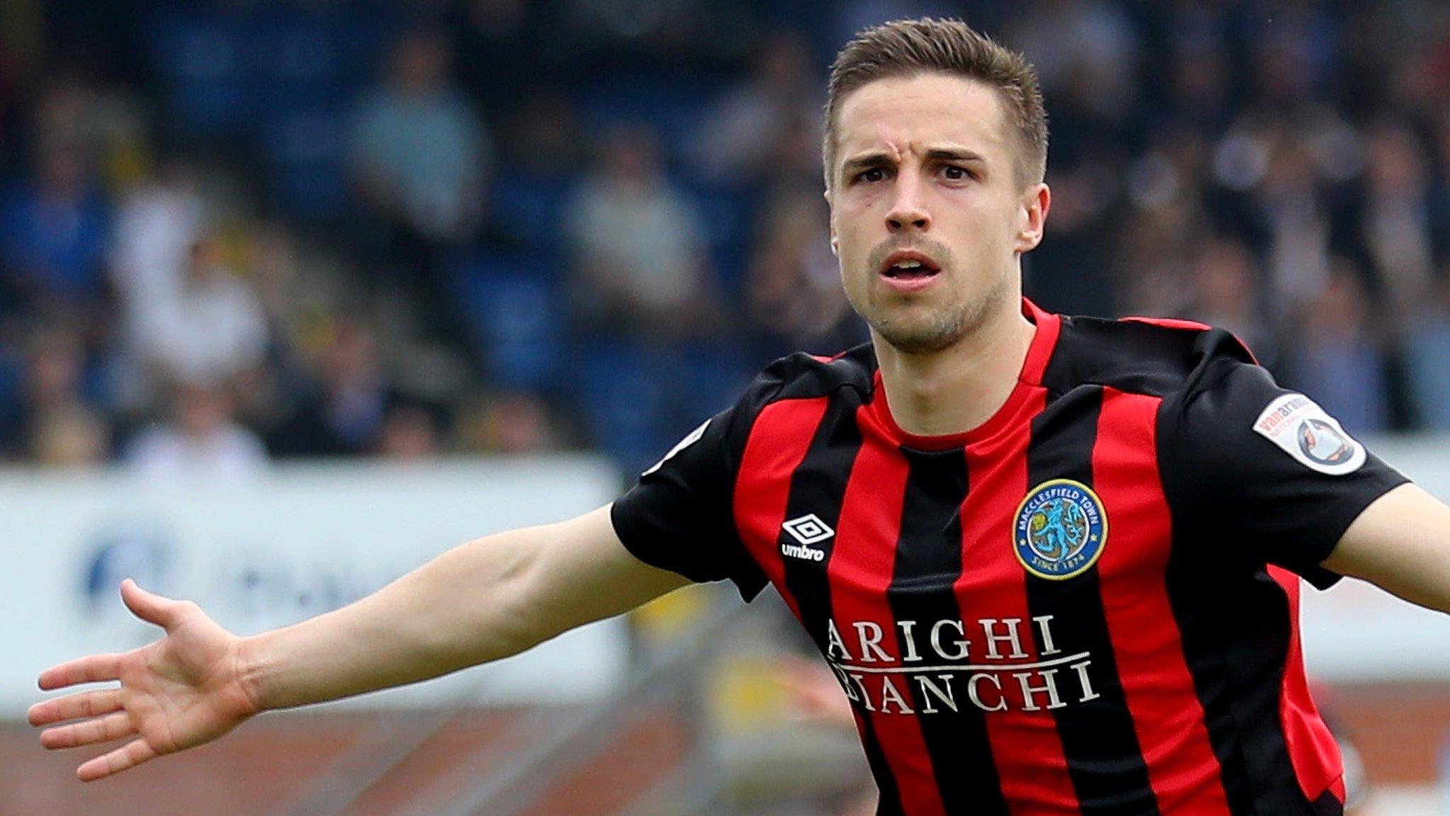 Mitch Hancox celebrates scoring a goal for Macclesfield Town