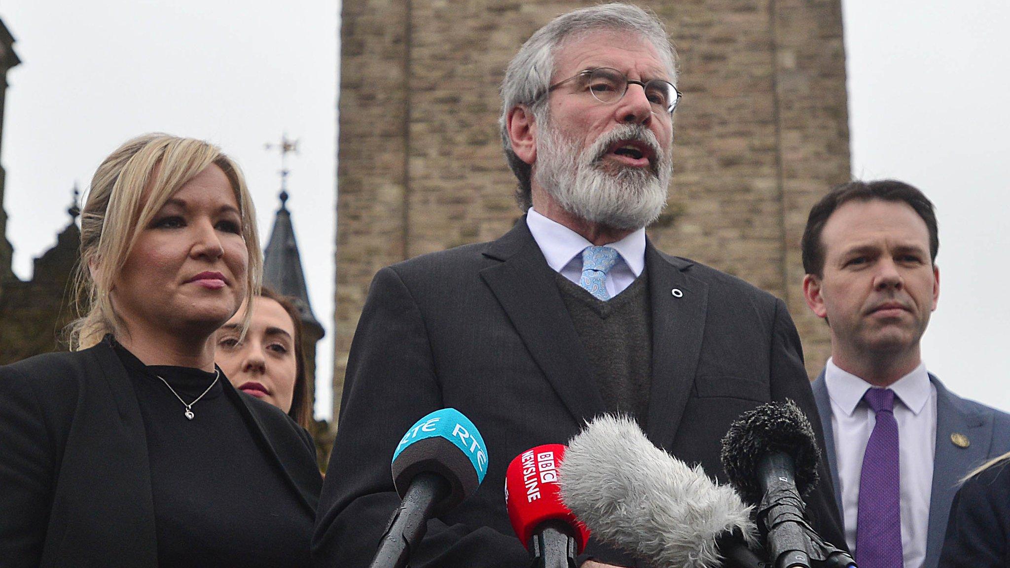 Sinn Féin's northern leader Michelle O'Neill (l) and party president Gerry Adams