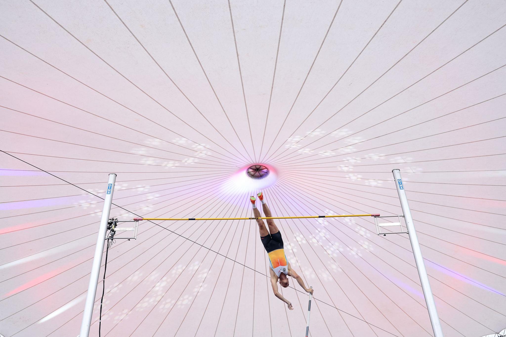 United States' Sam Kendricks competes during the Pole Vault City Event, part of the 2025 Diamond League Athletissima at Place de la Navigation in Lausanne, Switzerland. Photo by Michael Steele