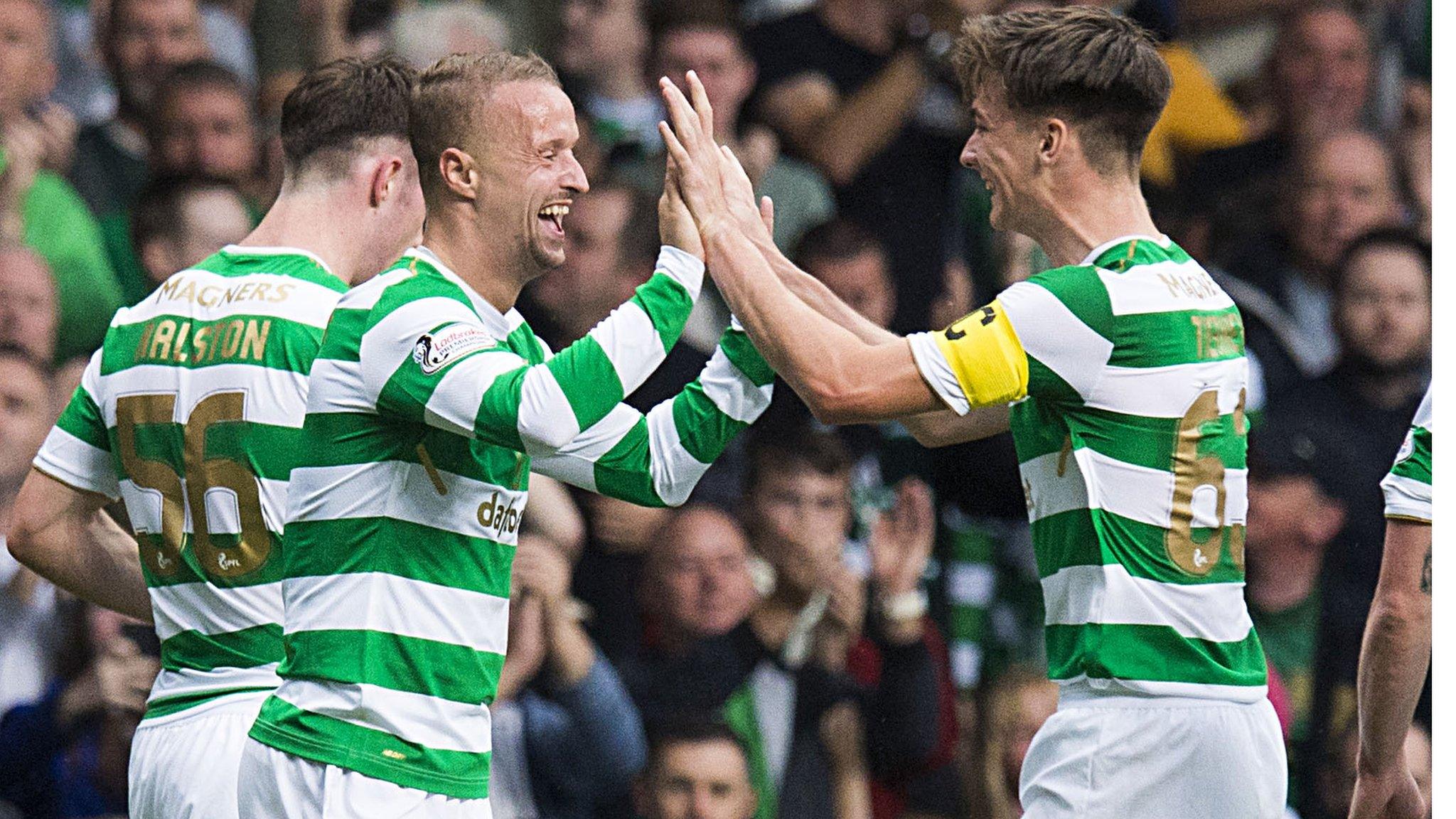 Celtic's Leigh Griffiths celebrates scoring against Kilmarnock with Kieran Tierney