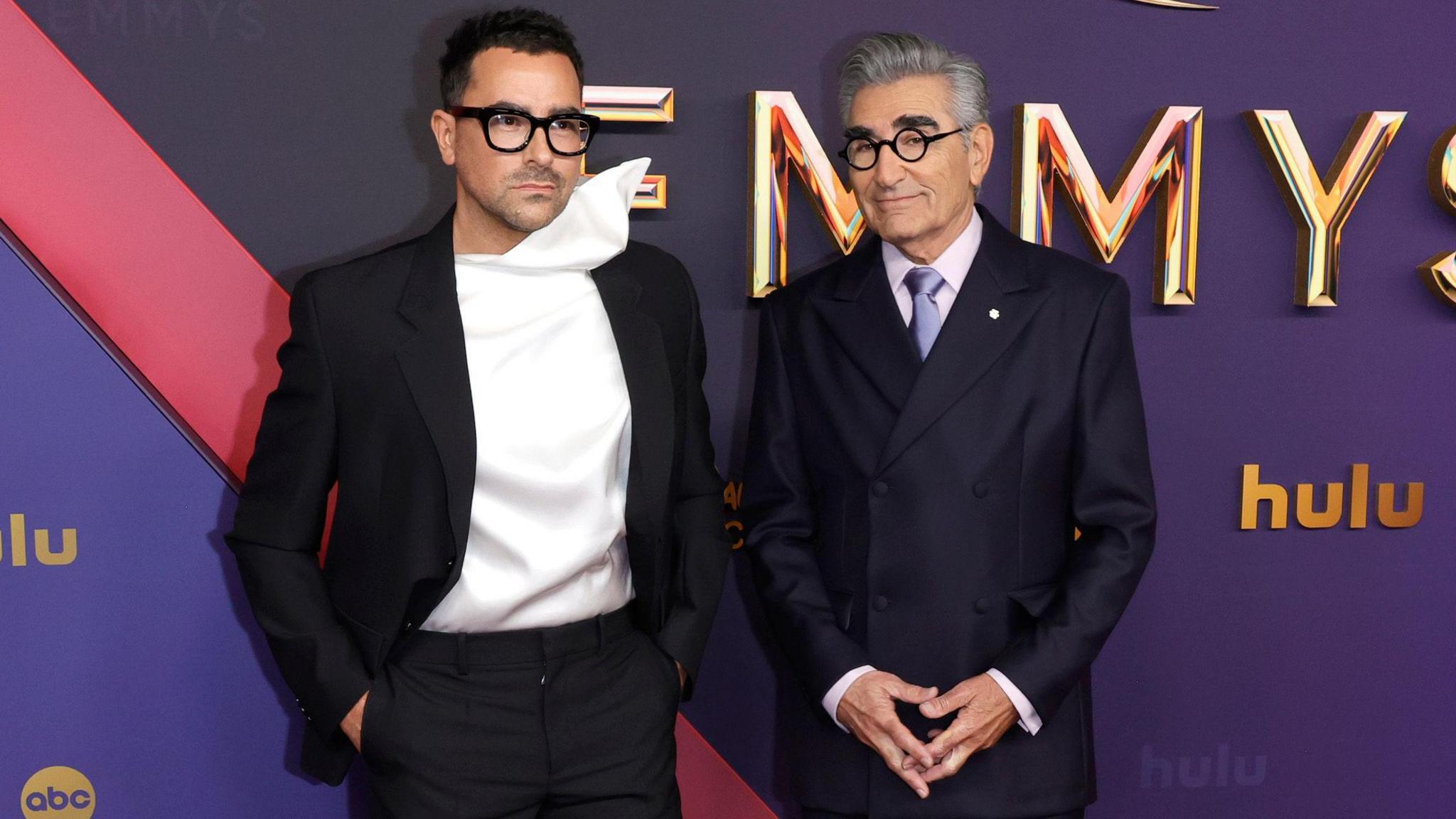 Dan Levy and Eugene Levy attend the 76th Primetime Emmy Awards at Peacock Theater on September 15, 2024 in Los Angeles, California