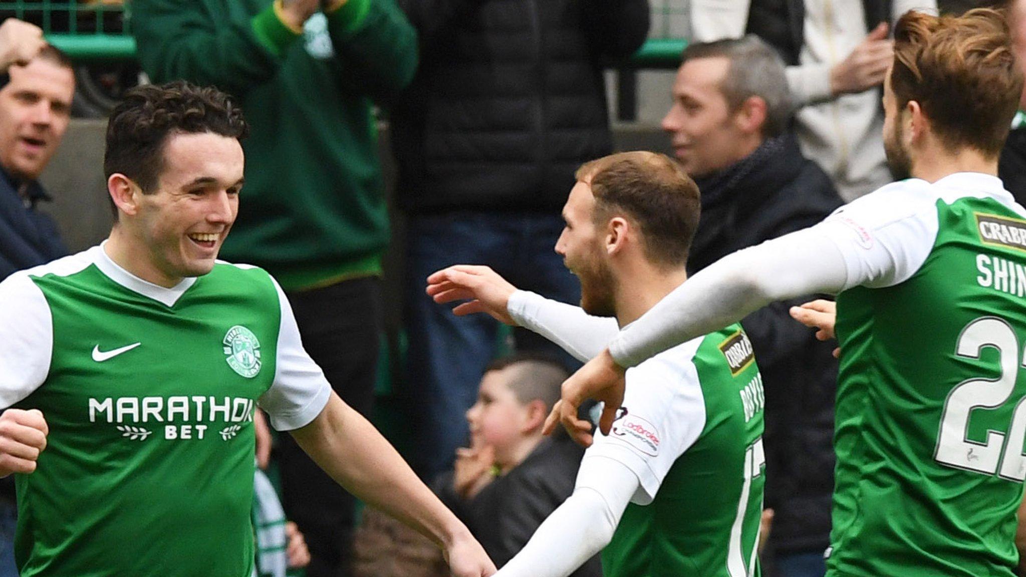 Hibs celebrate a goal from John McGinn (left)