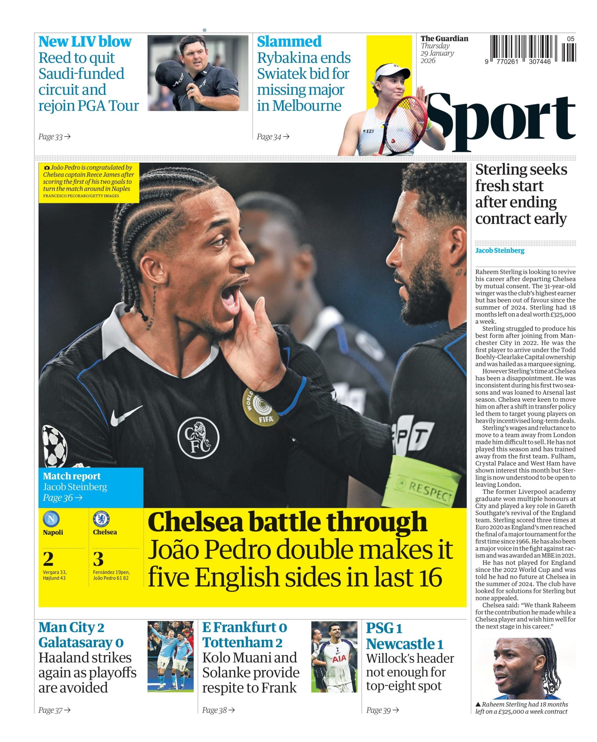Back page of the Guardian with the main headline "Chelsea battle through" and a photograph of their players.