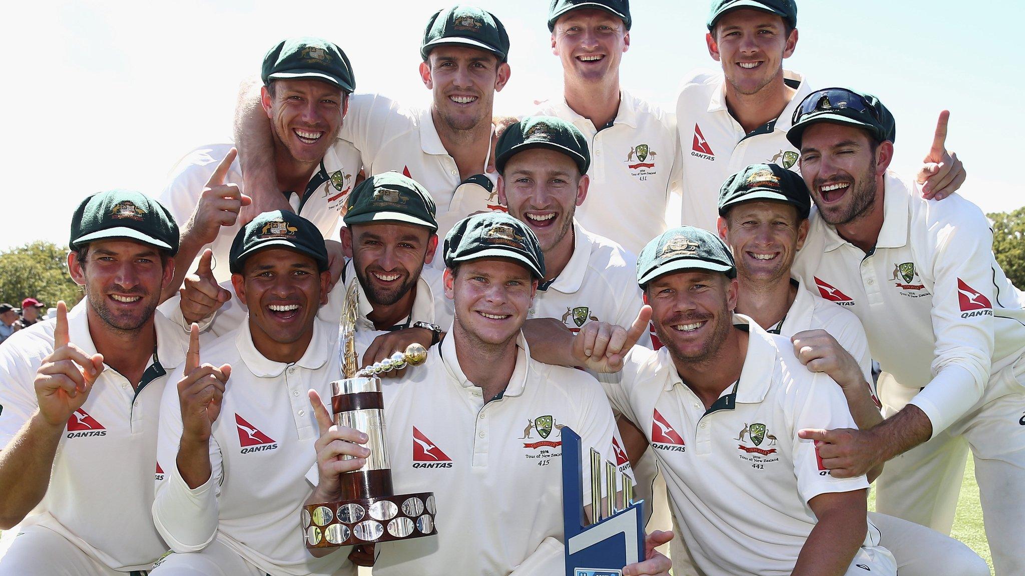 Australia celebrate their series win over New Zealand and the world number one ranking