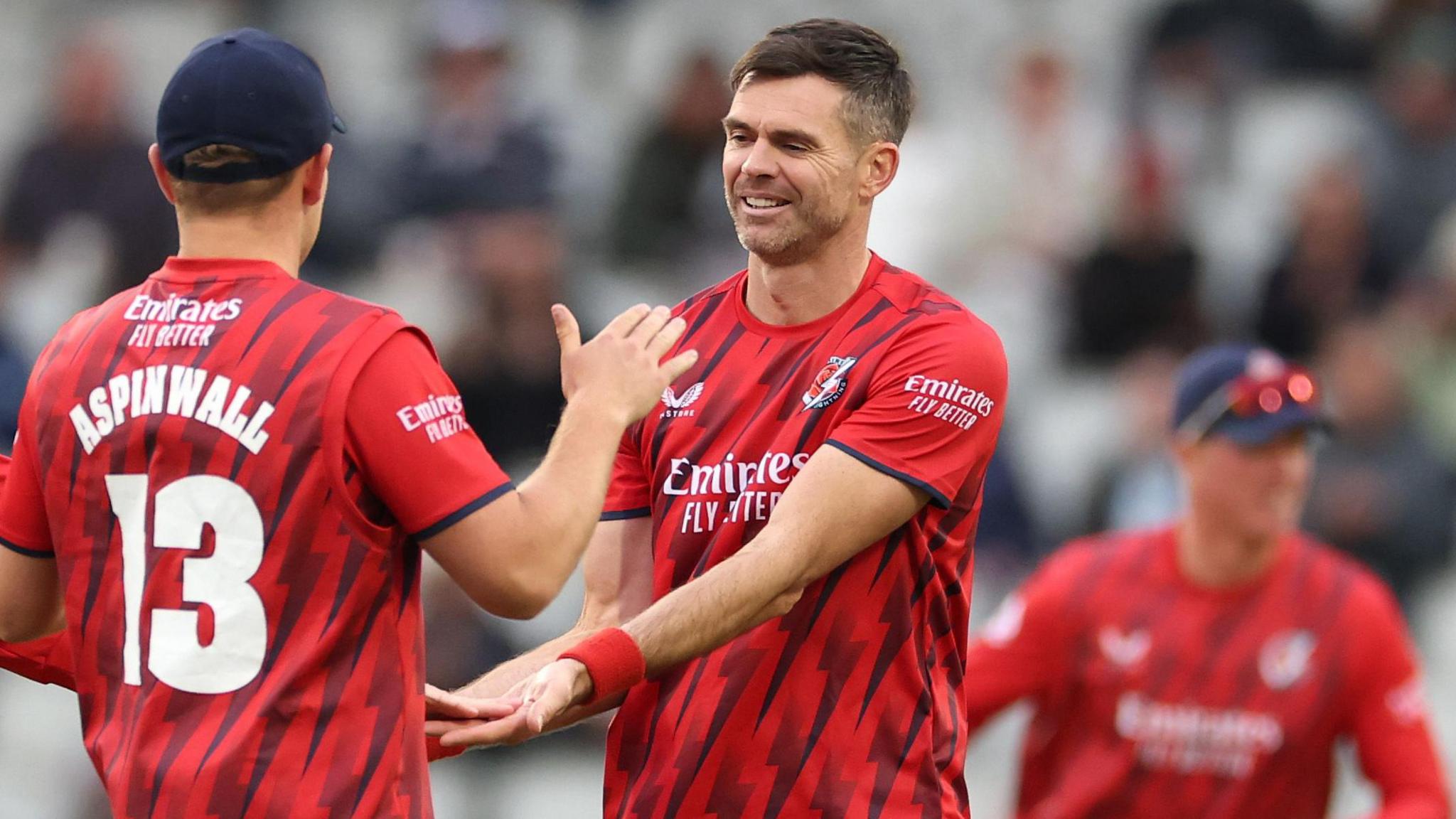 James Anderson celebrates a wicket against Leicestershire