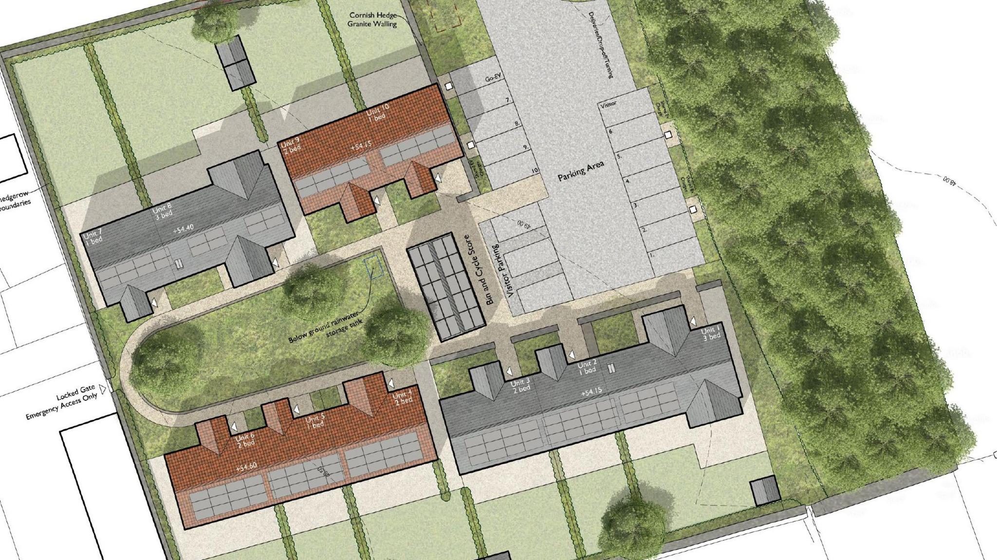 The image is an architectural site plan for a proposed housing development project with multiple structures are labelled with numbers and letters, arranged around a central area, central open space likely intended for communal or recreational use and areas with trees and landscaping, including a feature labeled "Central Hedge Grove Walkway".